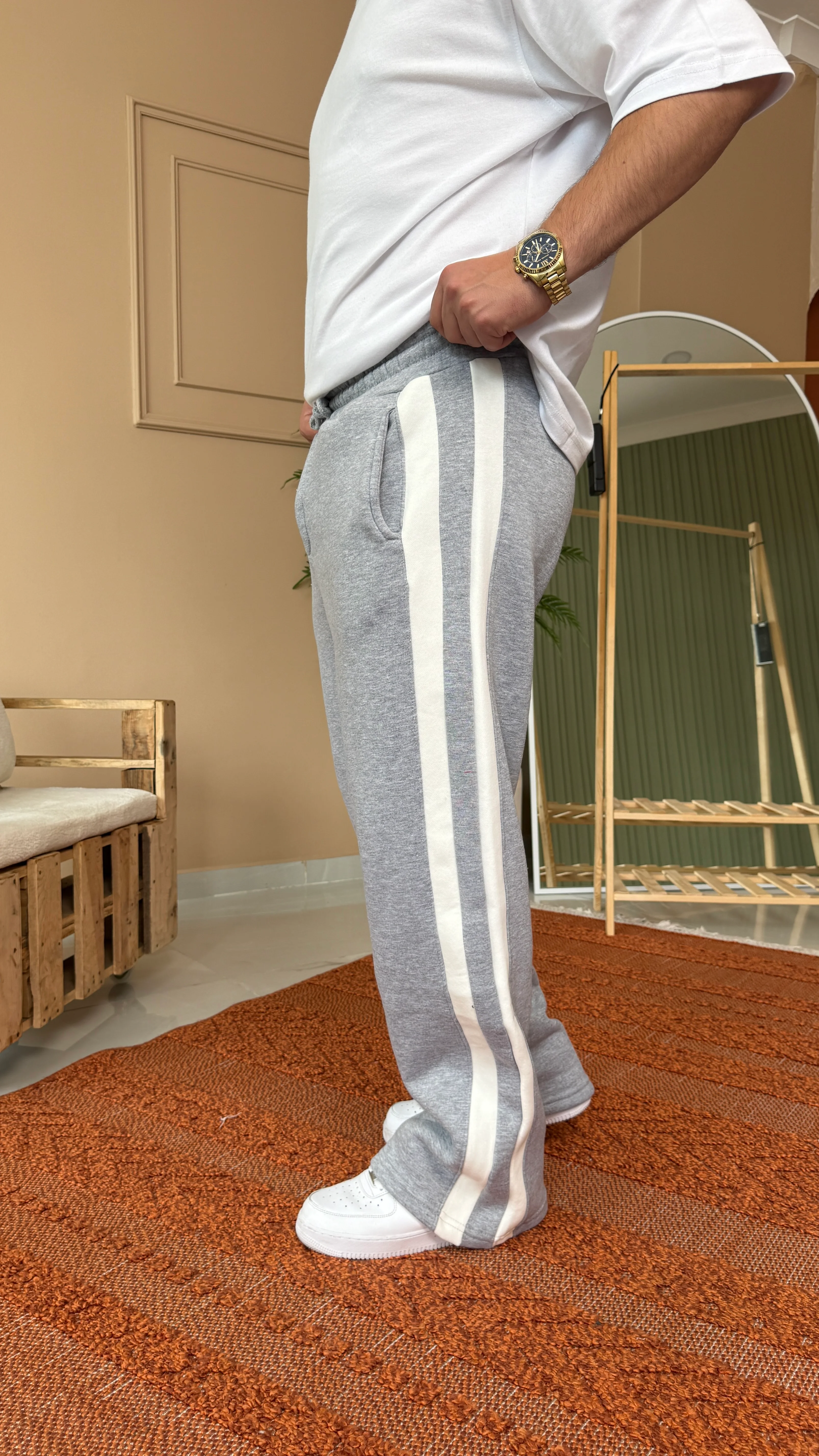 Gri Şeritli 3 İplik Şardonlu Baggy Eşofman Altı