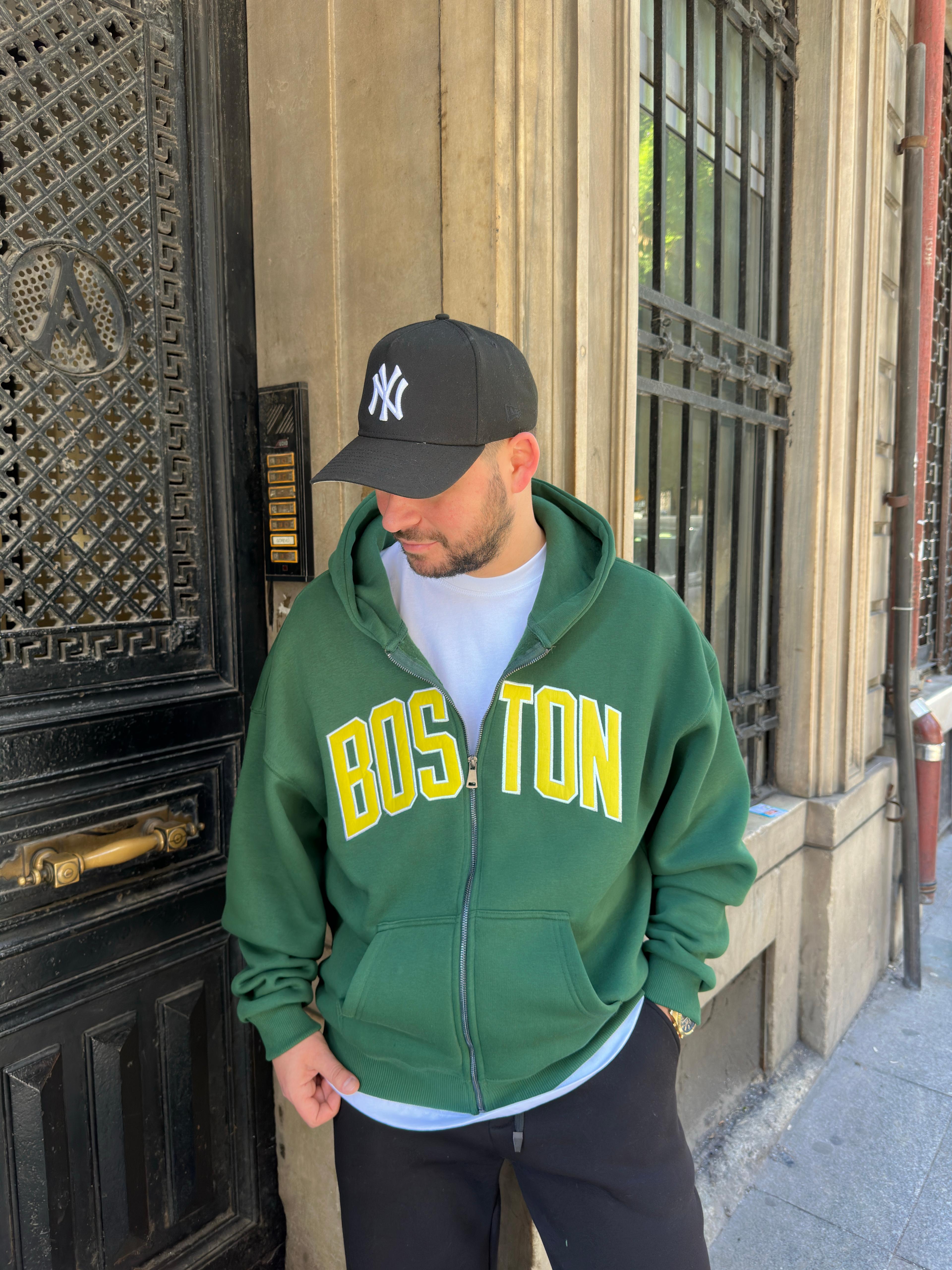 Yeşil Tam Fermuarlı Boston Yazılı Sweatshirt