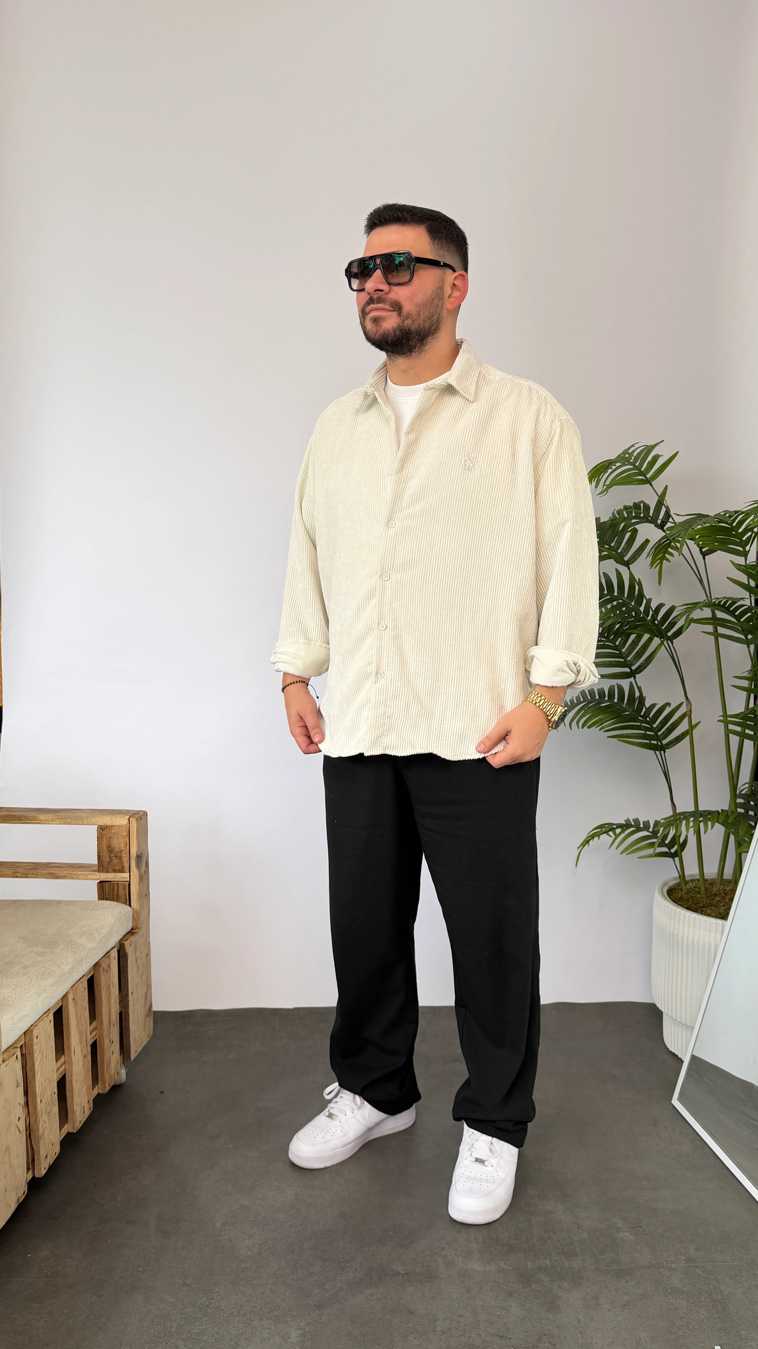 Giesto Ekru Kadife Oversize Gömlek