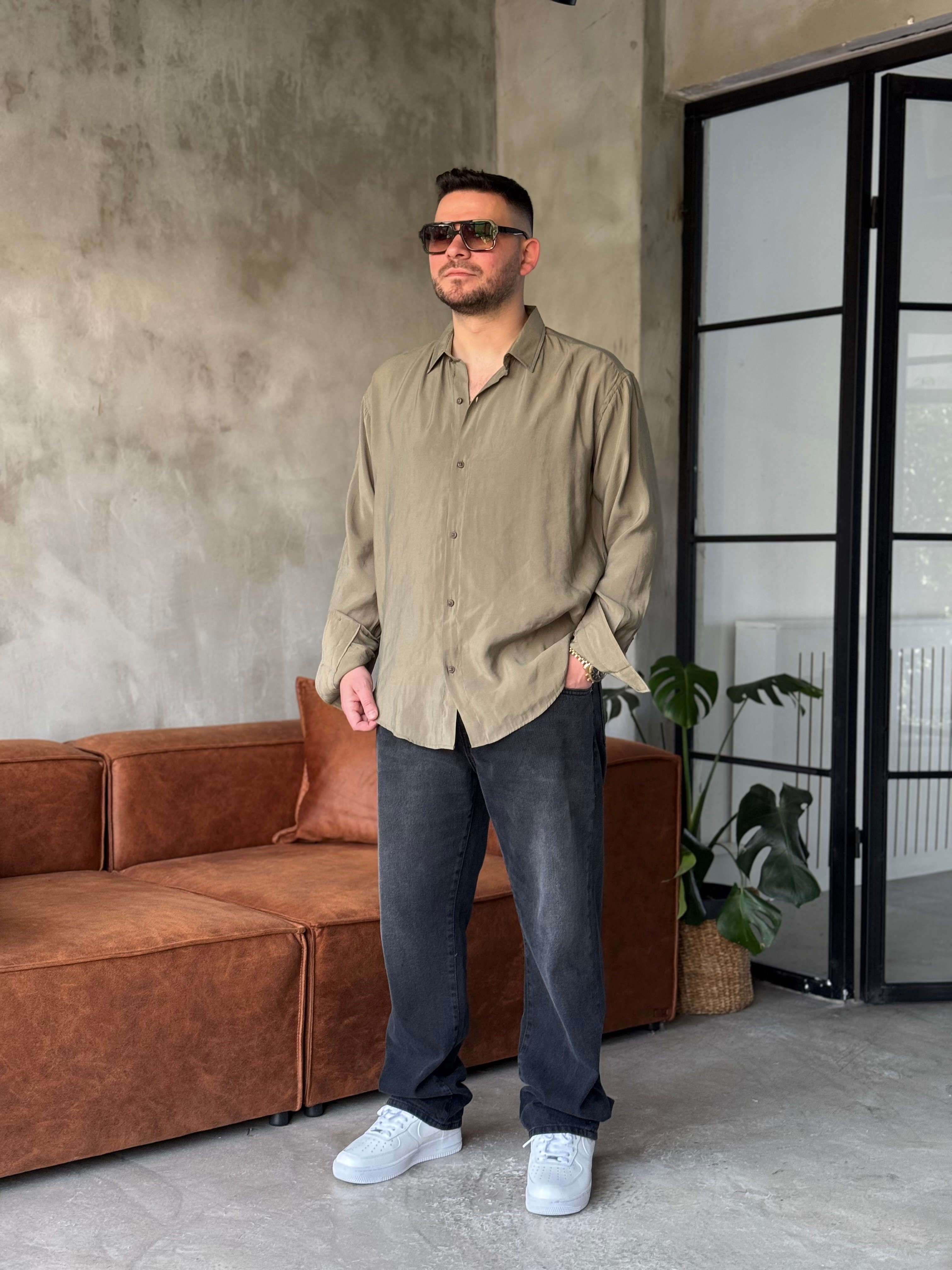 Haki Tensel Kumaş Oversize Gömlek