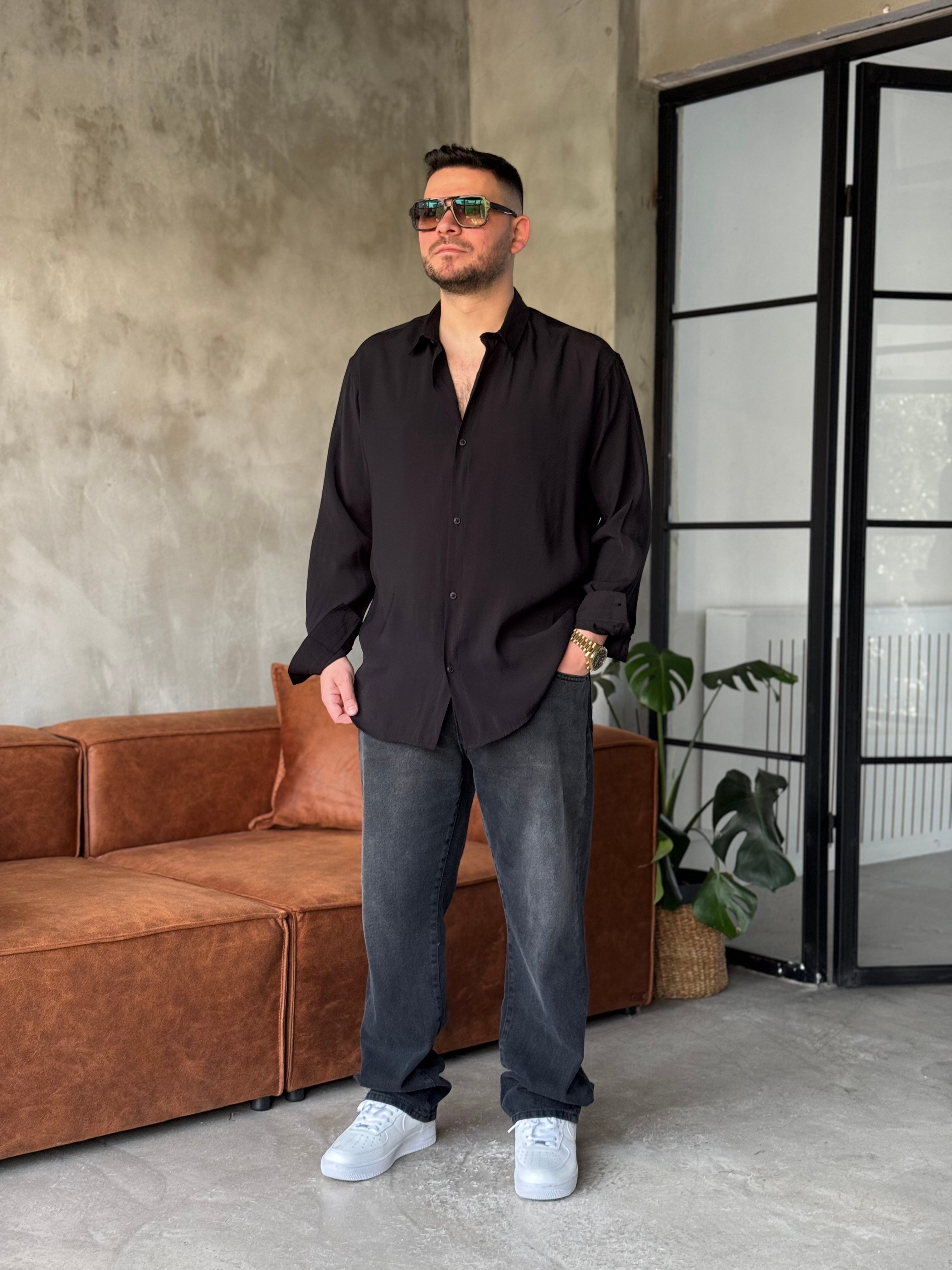 Siyah Oversize Tensel Kumaş Gömlek