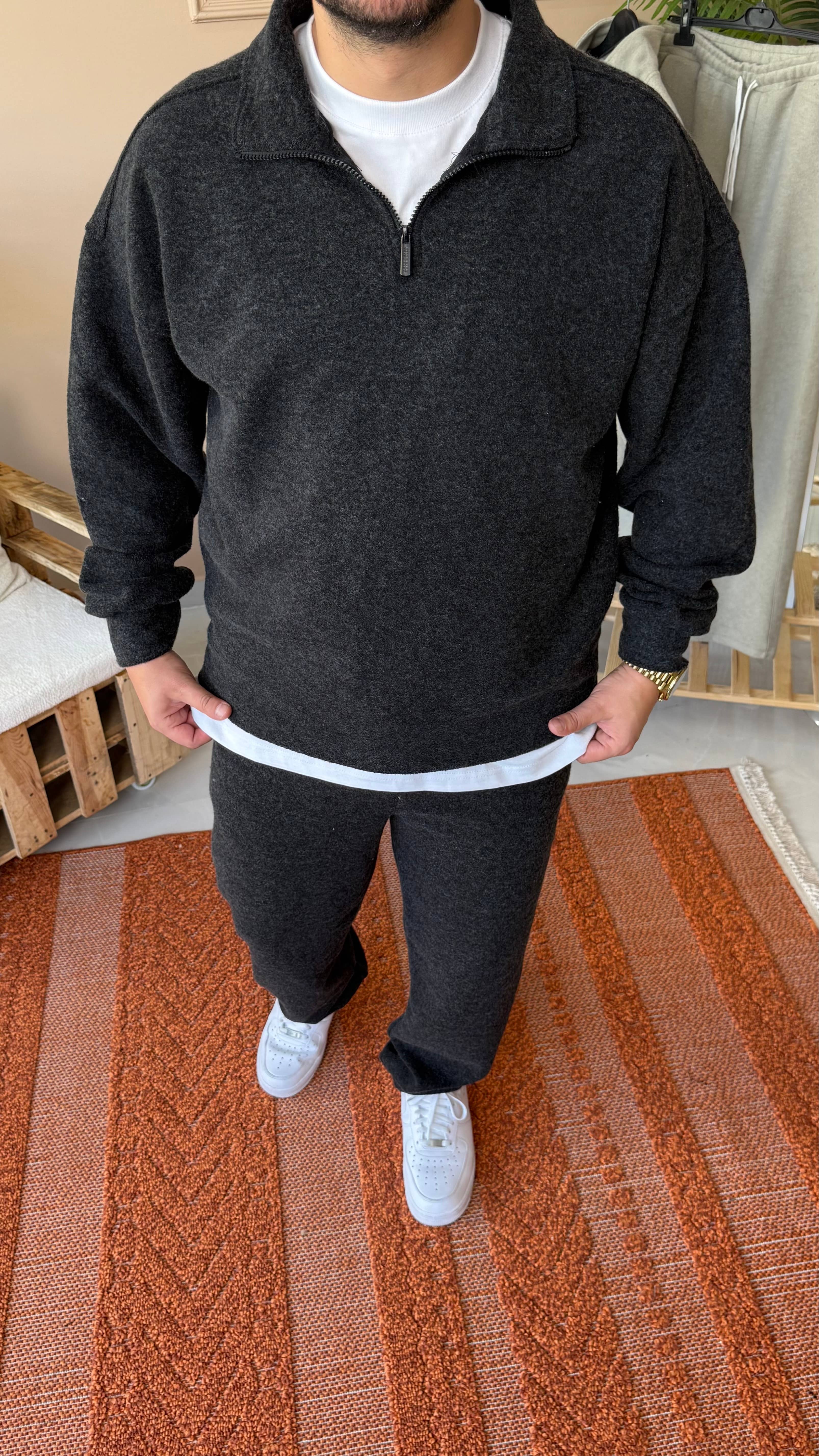 Siyah Premium Kalite Kaşe Yarım Fermuarlı Oversize Takım