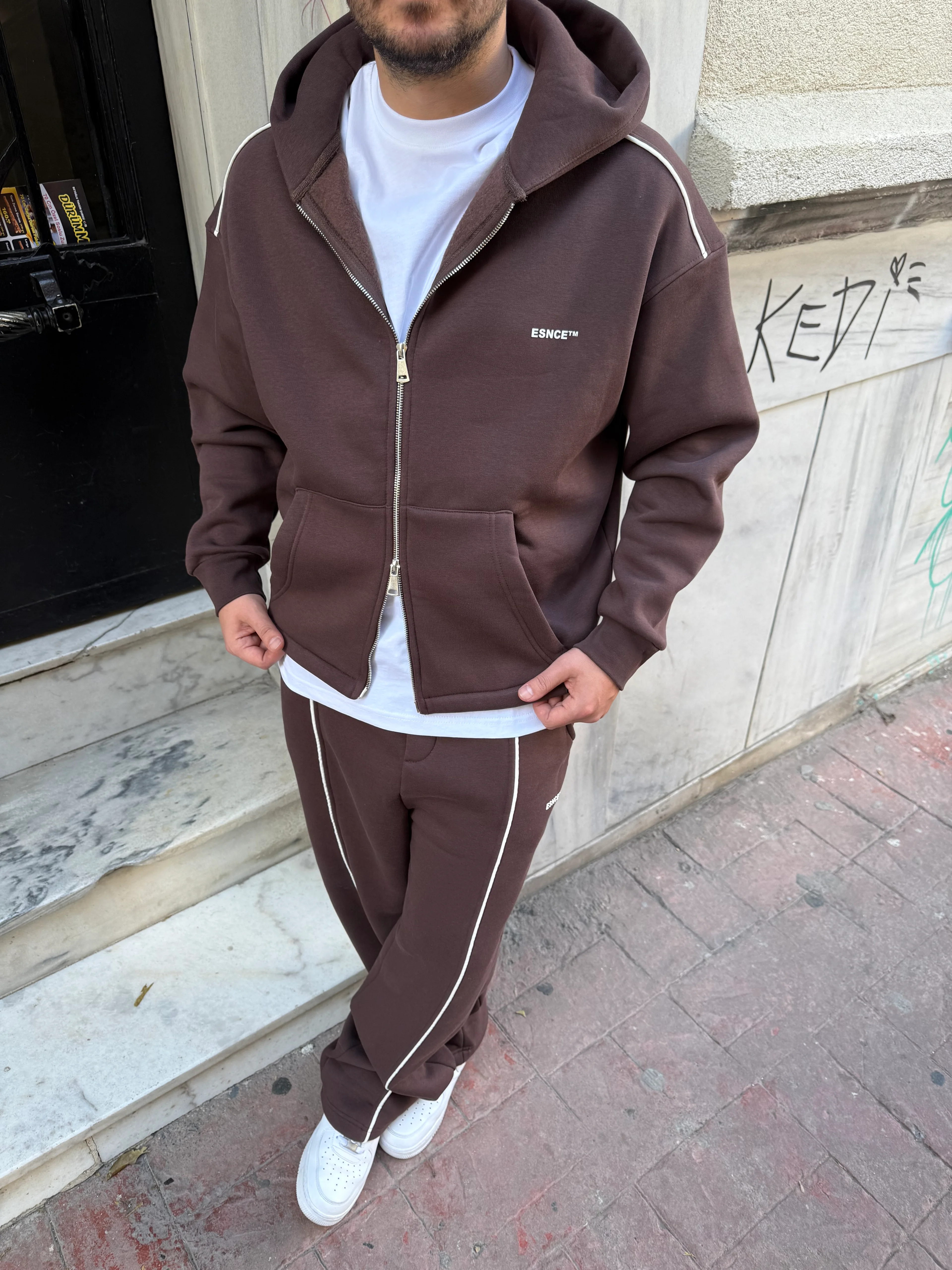 Kahverengi Oversize Çift Fermuarlı Şardonlu Eşofman Takımı