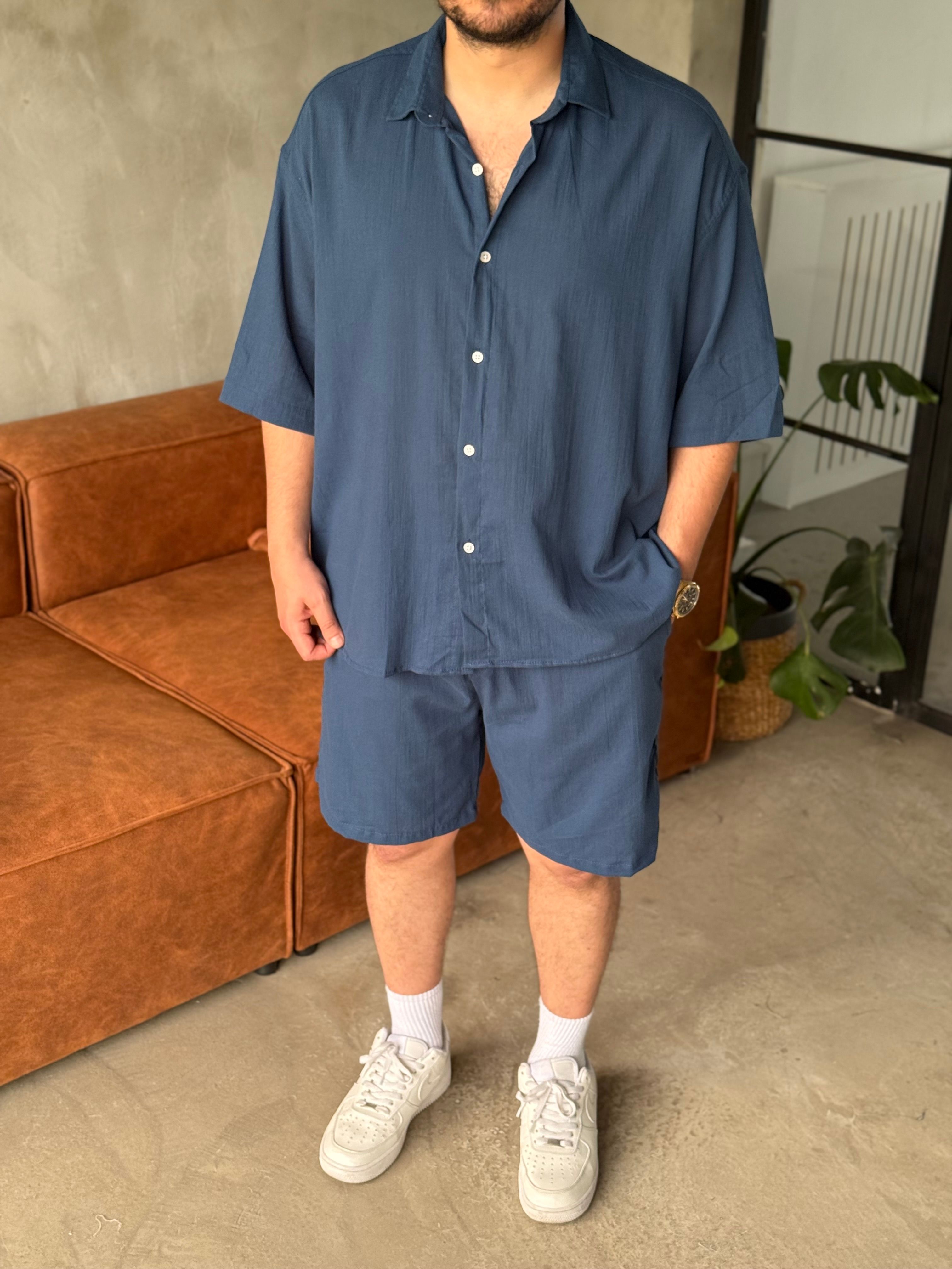 Lacivert Oversize Şortlu Keten Takım