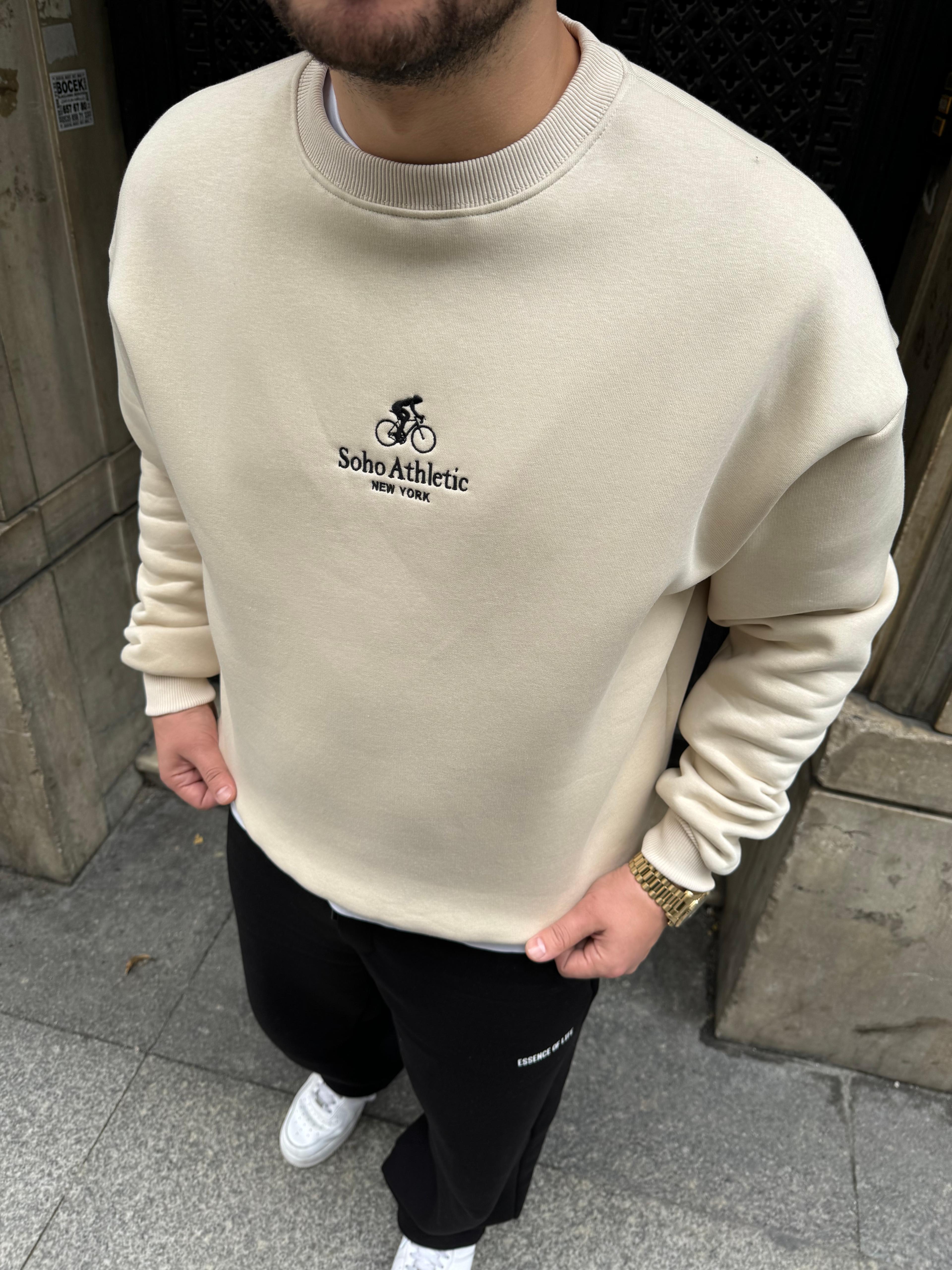 Krem Nakışlı Bisiklet Yaka Oversize Sweatshirt