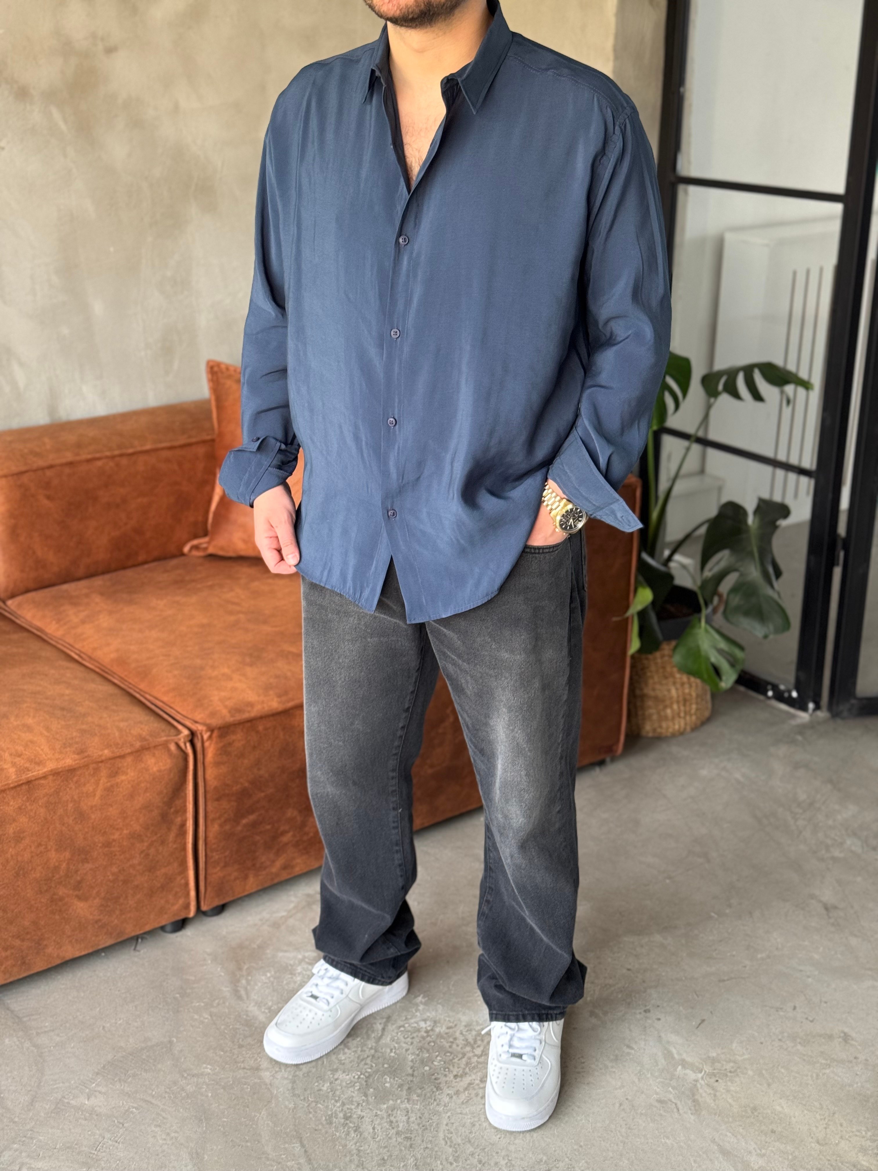 Lacivert Tensel Kumaş Oversize Gömlek