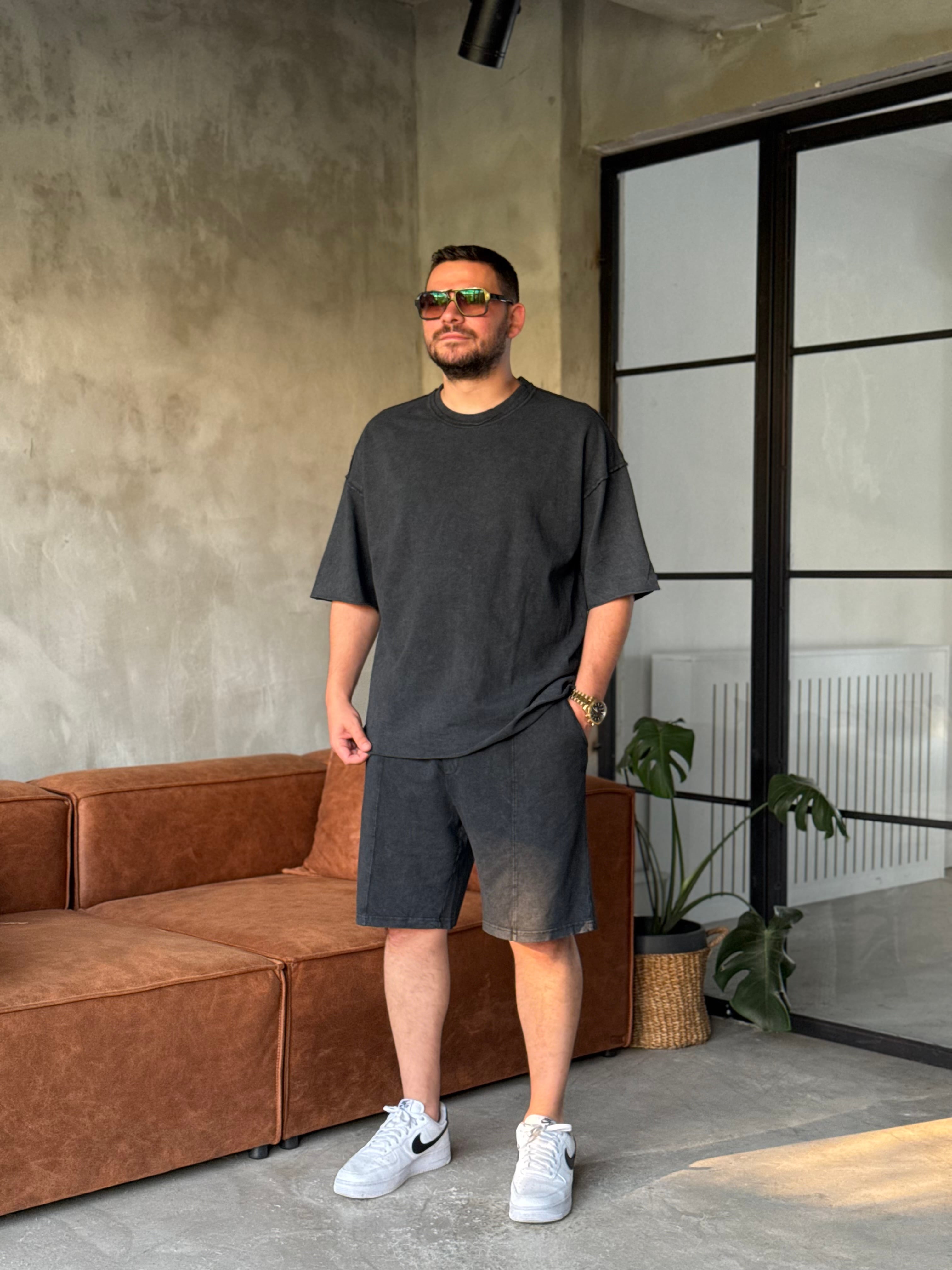 Siyah Yıkamalı Oversize Şortlu Takım