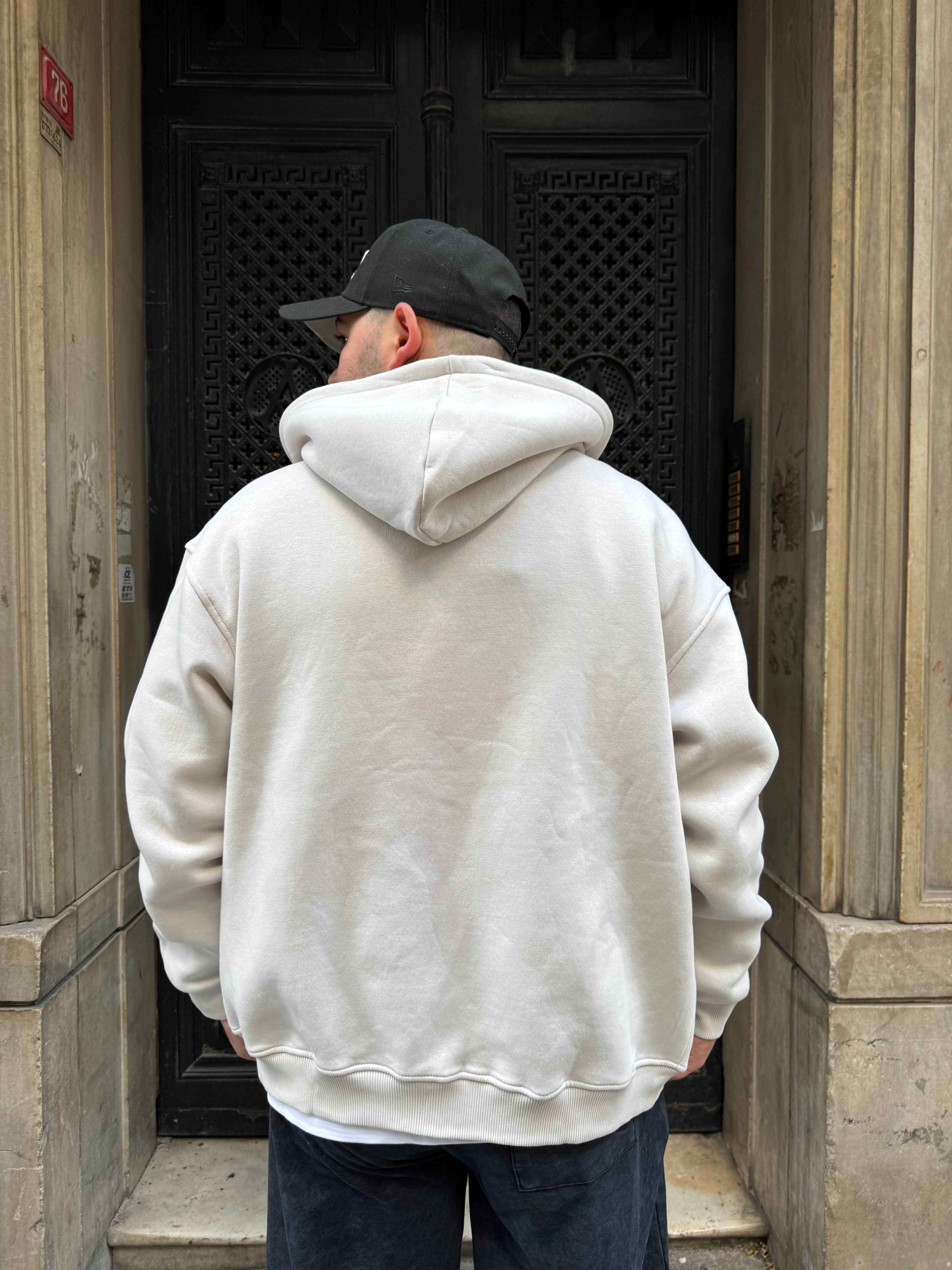 Krem Oversize Şardonku Kapüşonlu Polar
