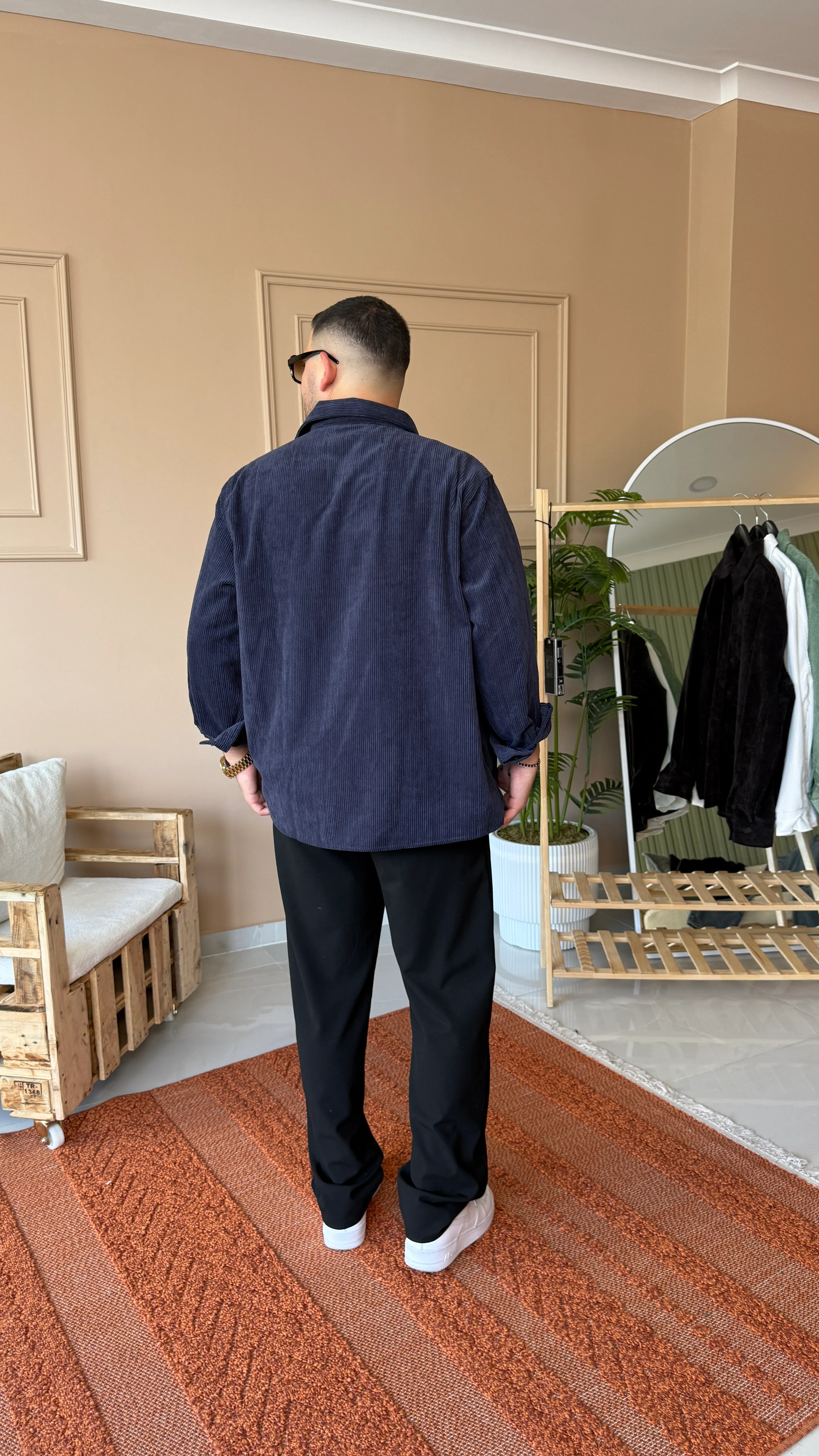 Lacivert Oversize Kadife Gömlek