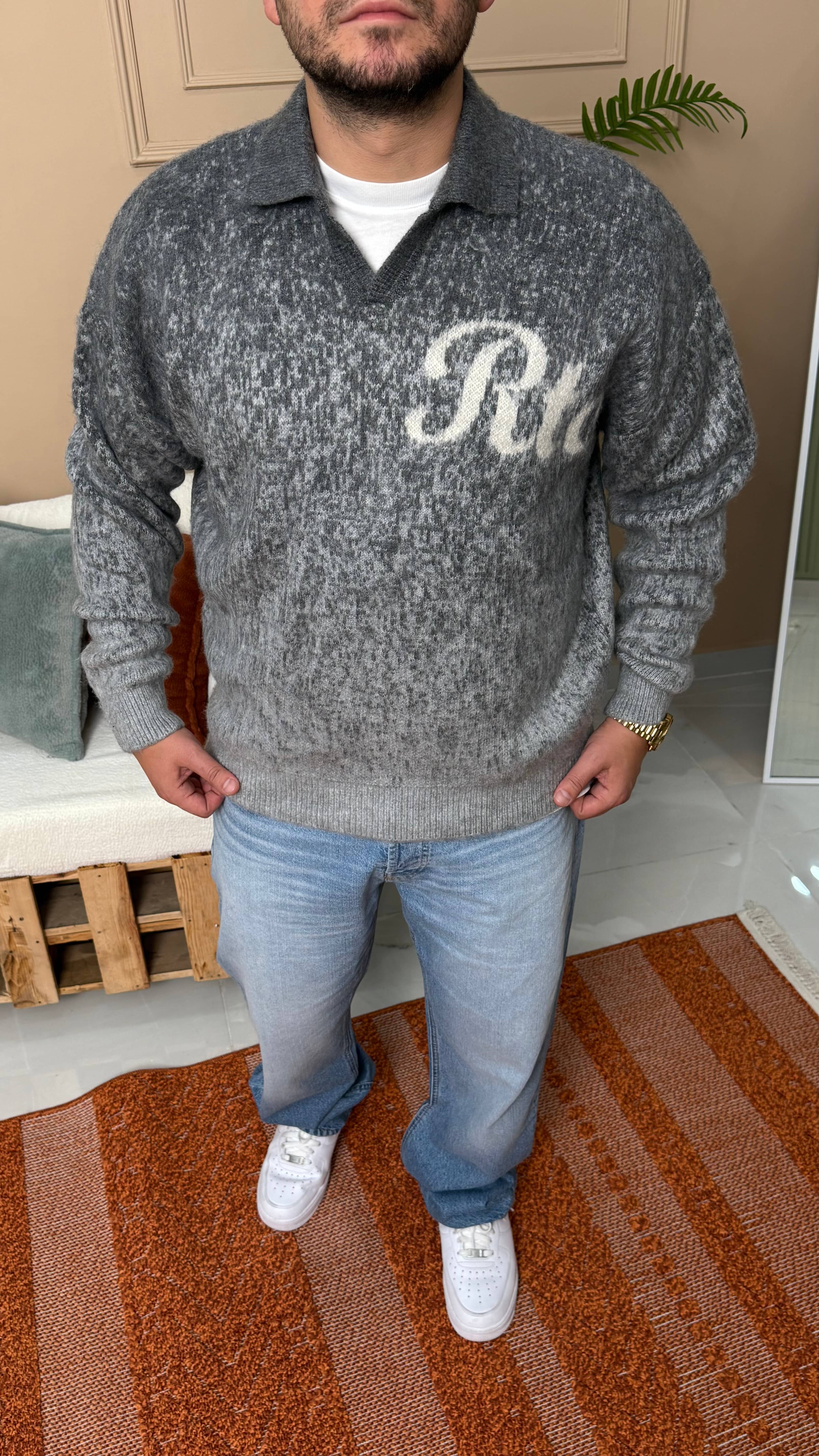 Gri Oversize RTC Baskılı Triko Sweatshirt