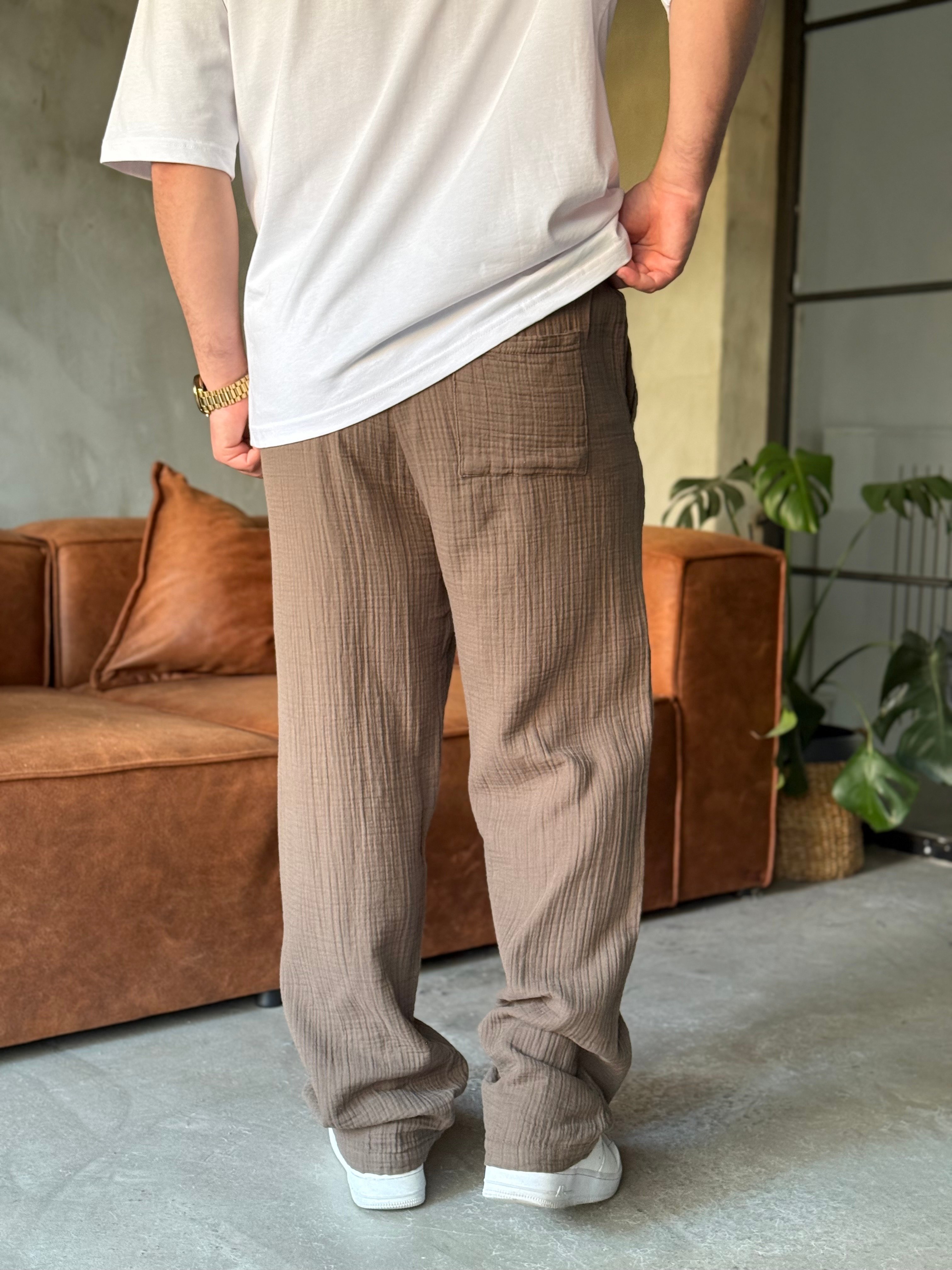 Kahve Baggy Pamuklu Müslin Pantolon