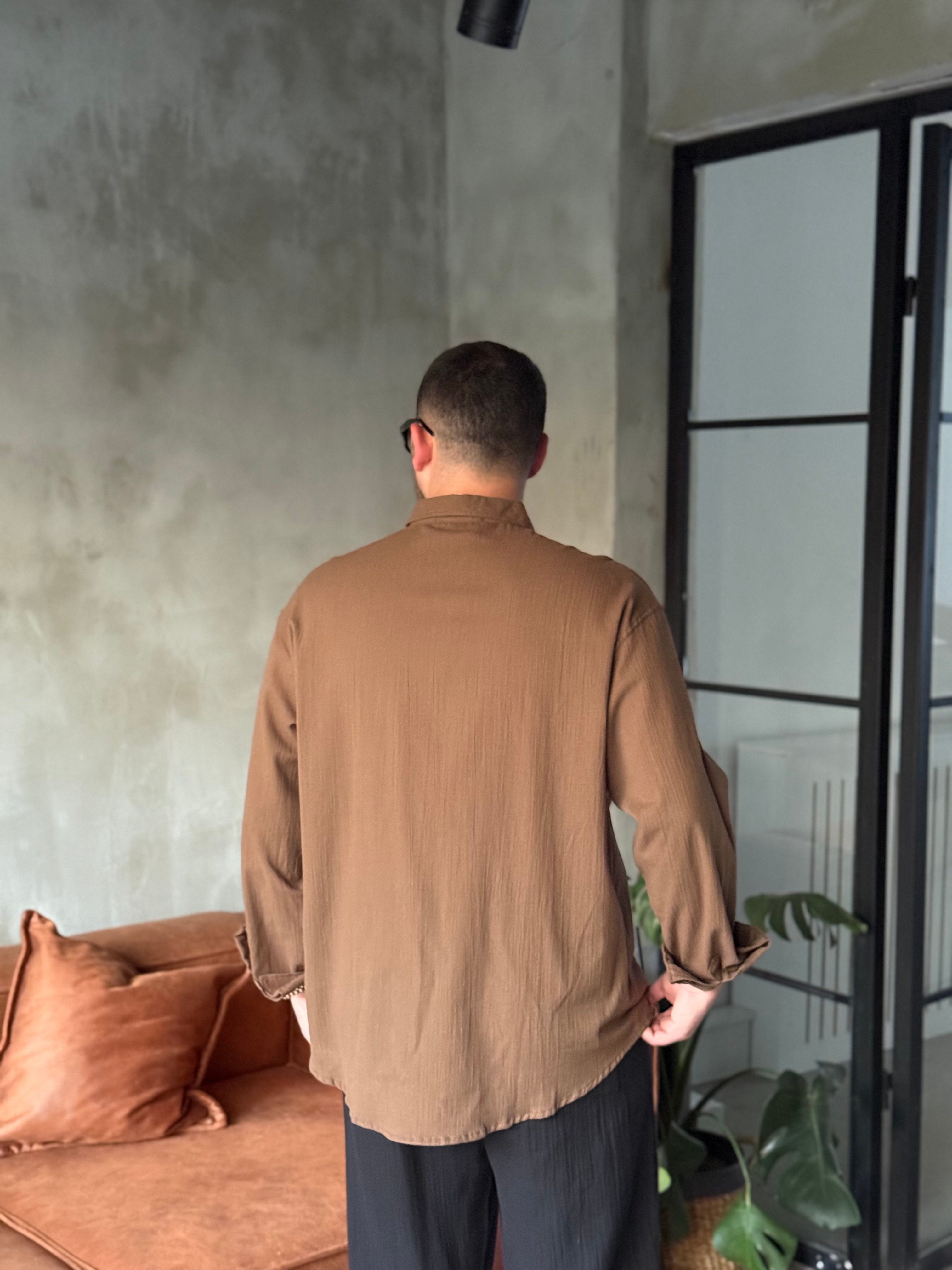 Kahve Keten Oversize Gömlek