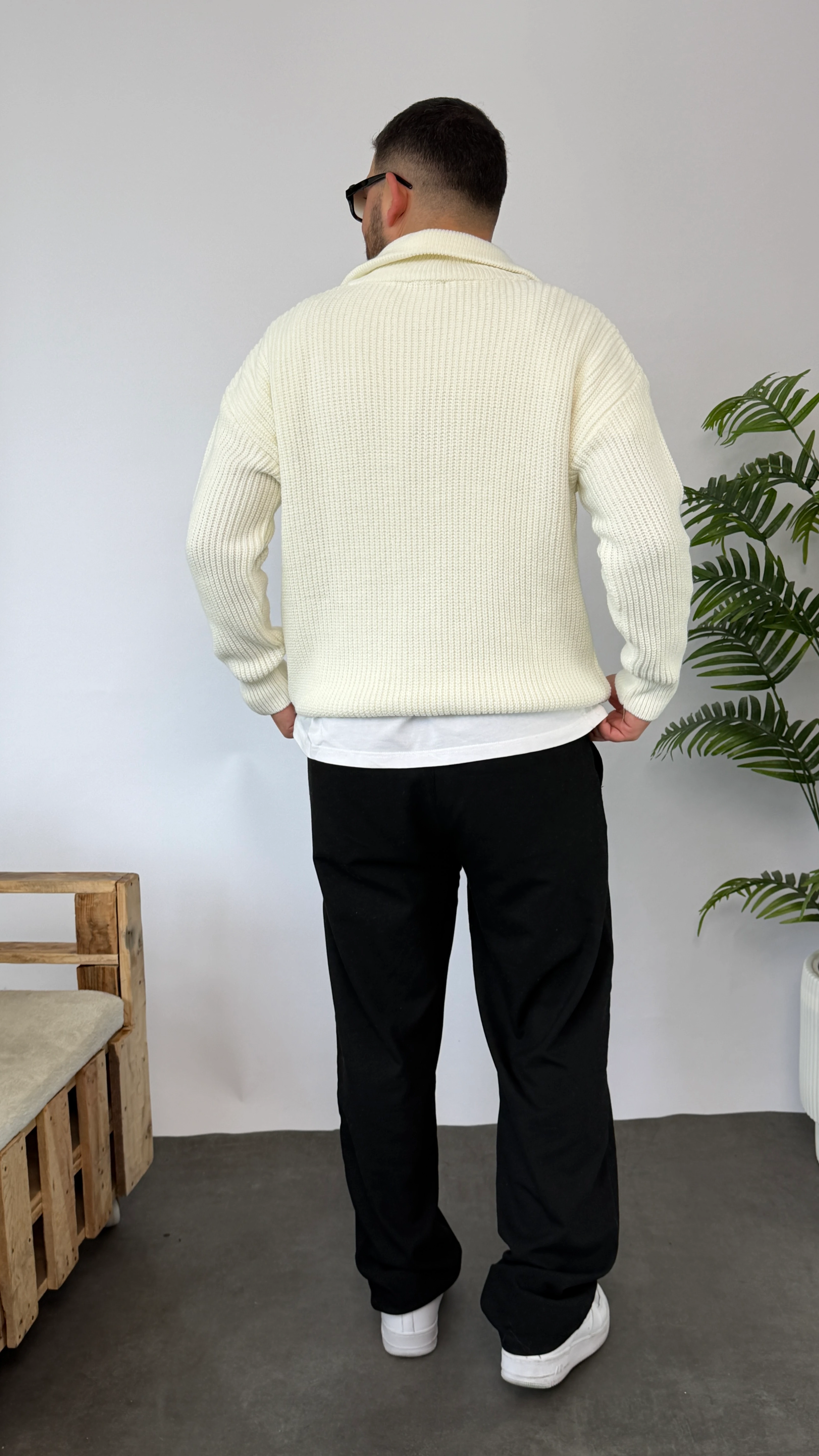 Ekru Yarım Fermuarlı Oversize Triko Kazak