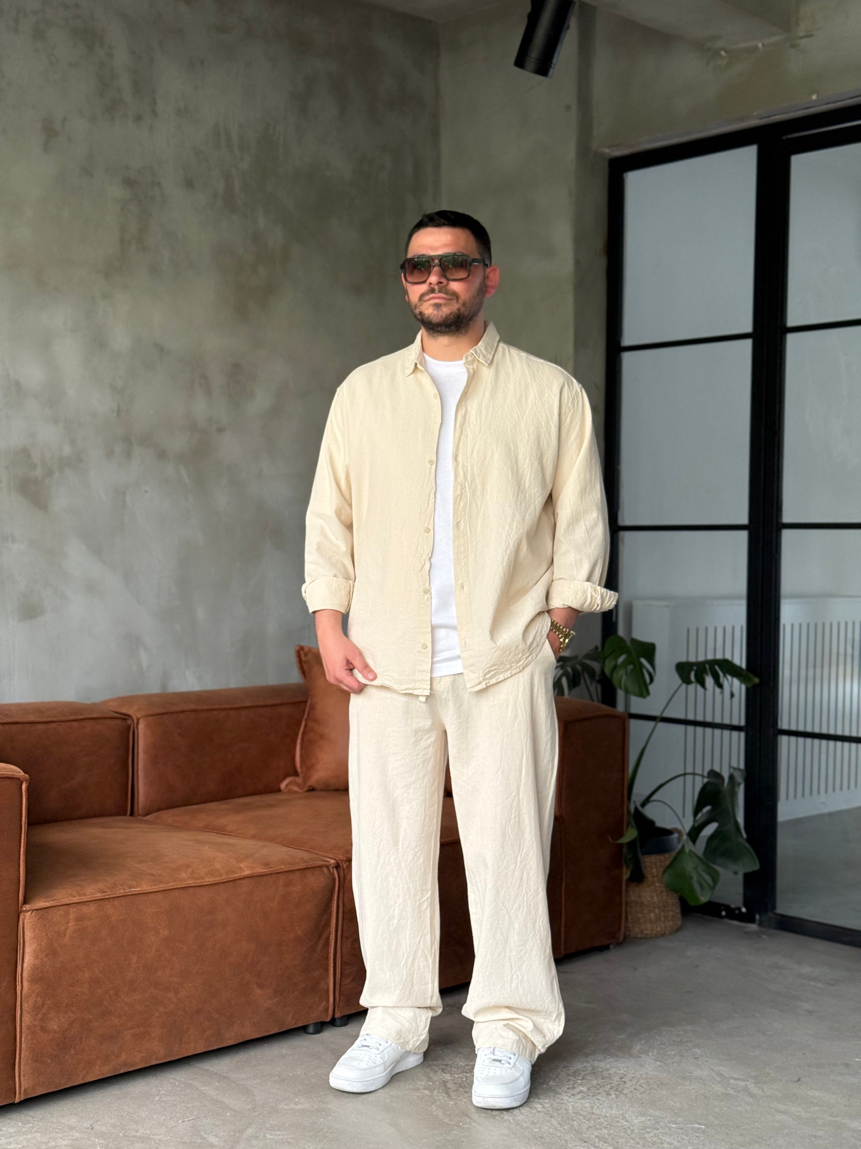 Krem Oversize Keten Takım