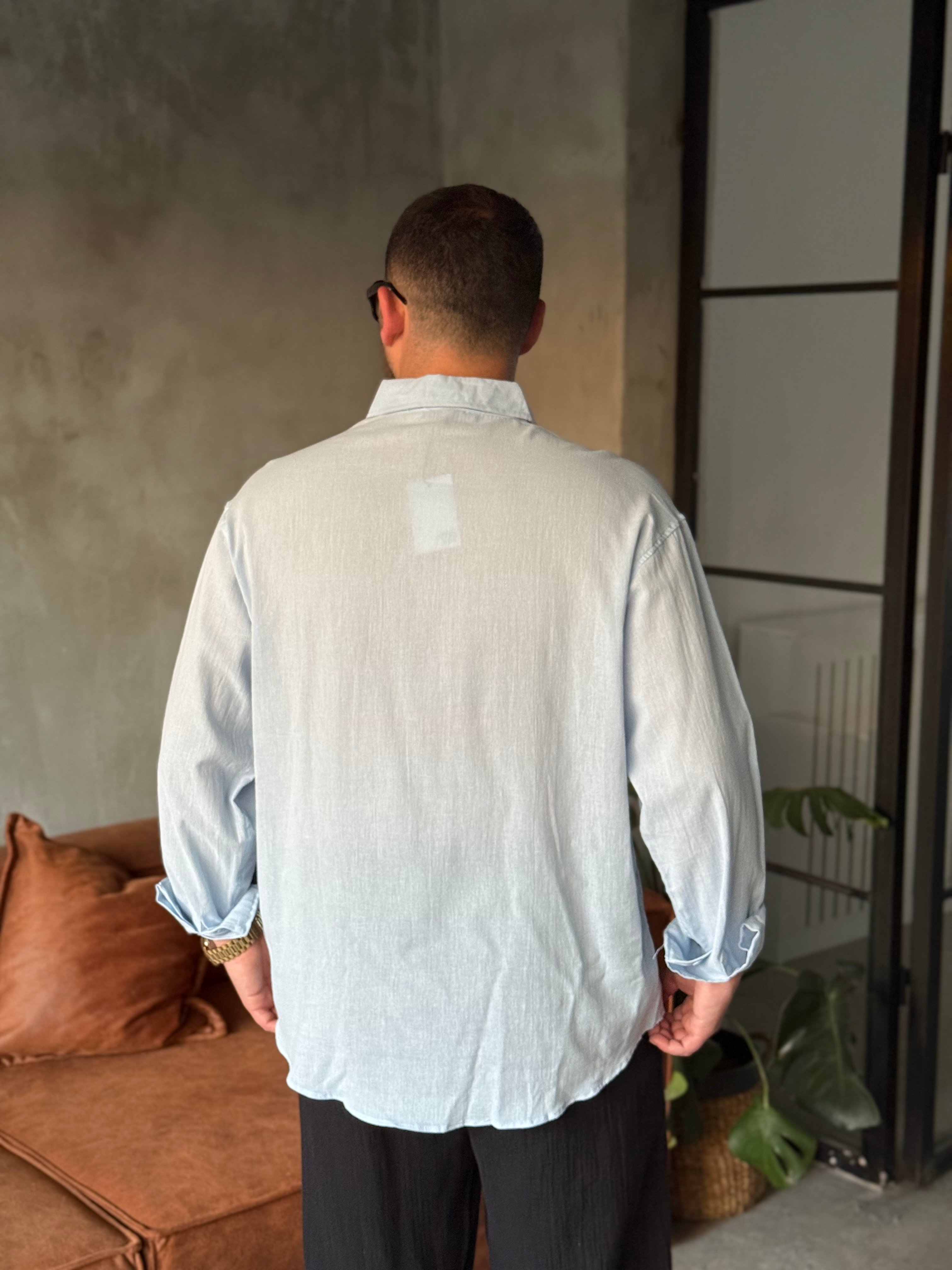 Bebe Mavisi Oversize Keten Gömlek