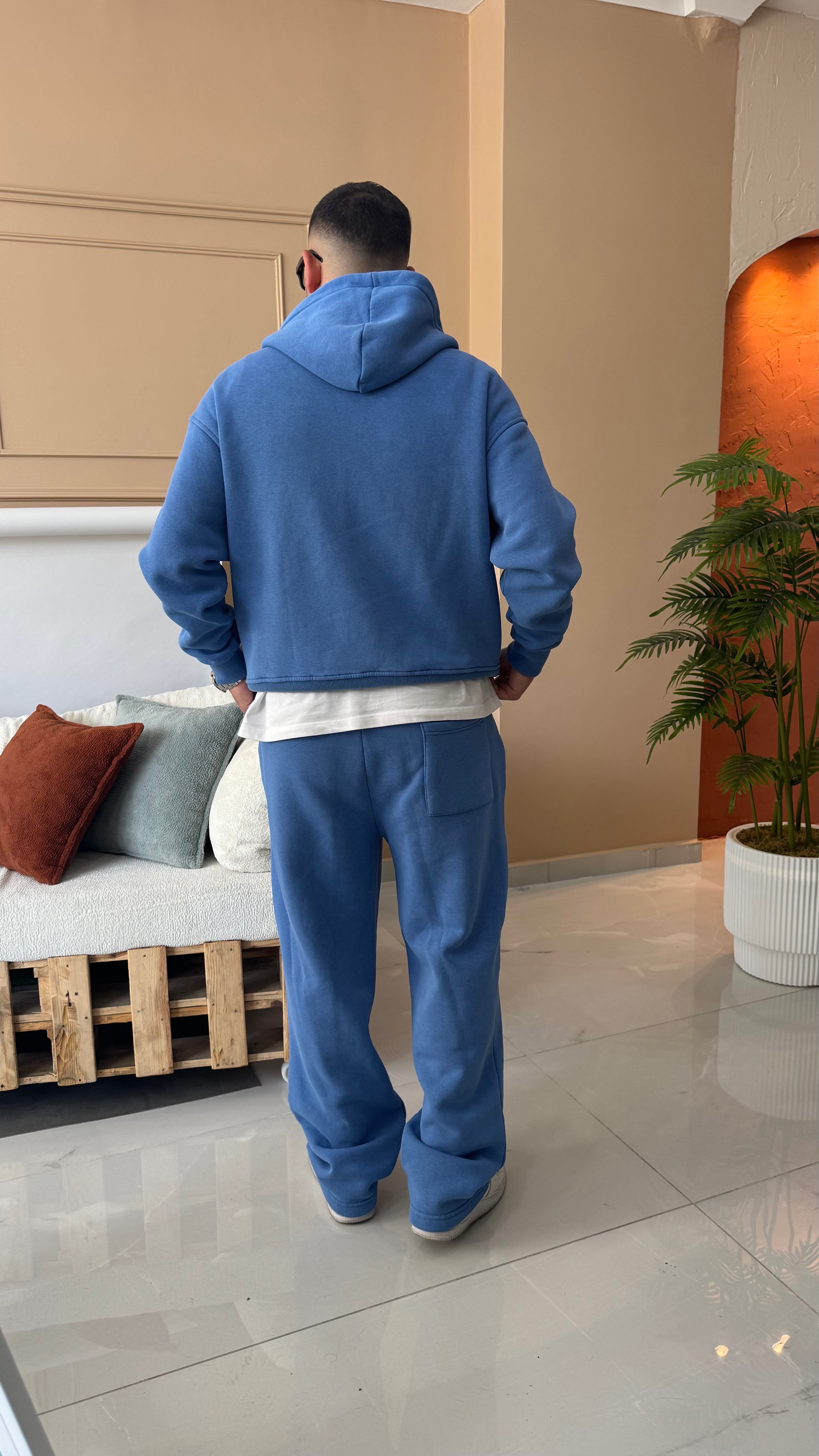 Yıkamalı Mavi Oversize Tam Fermuarlı Şardonlu Eşofman Takımı