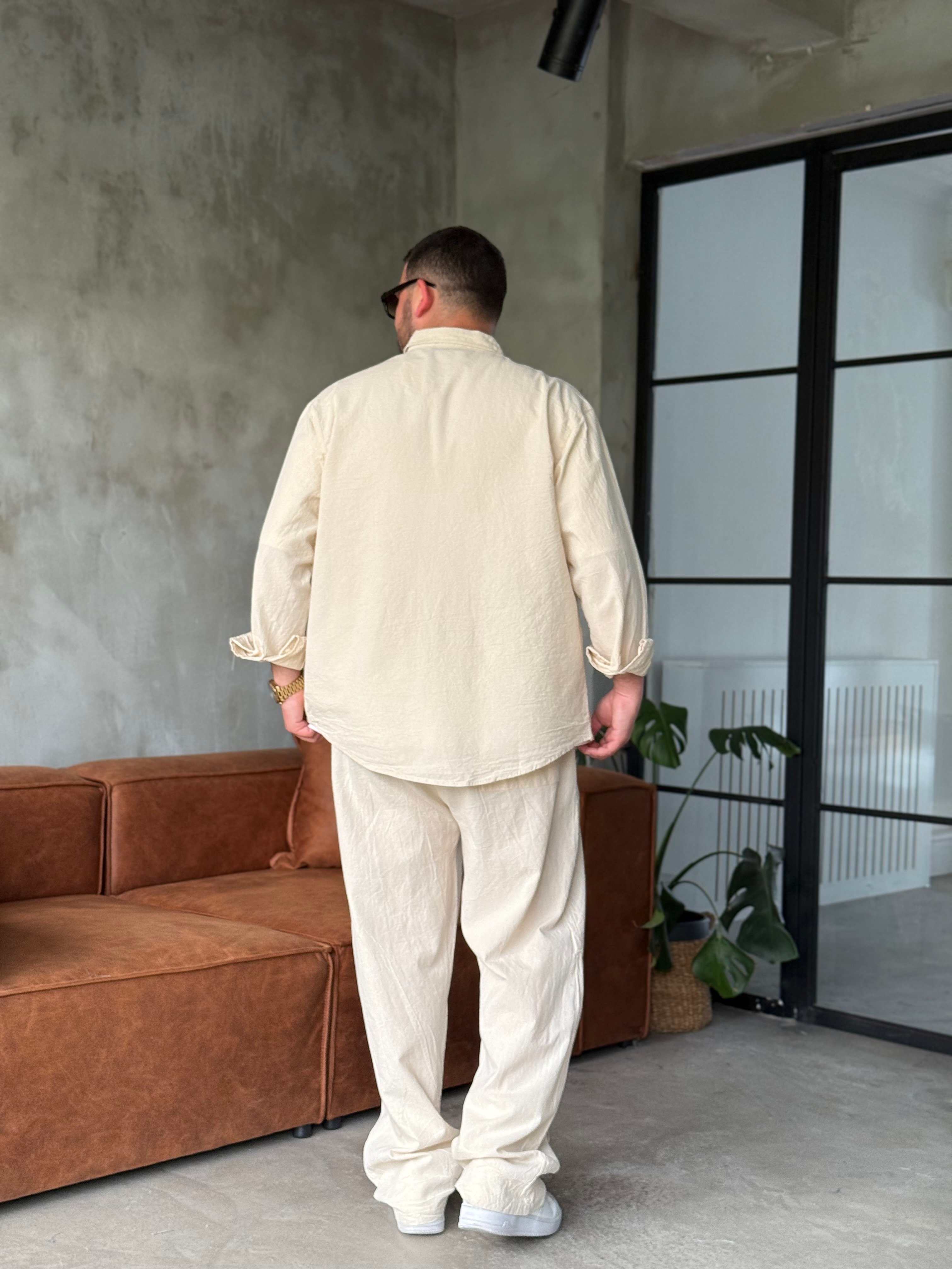 Krem Oversize Keten Takım