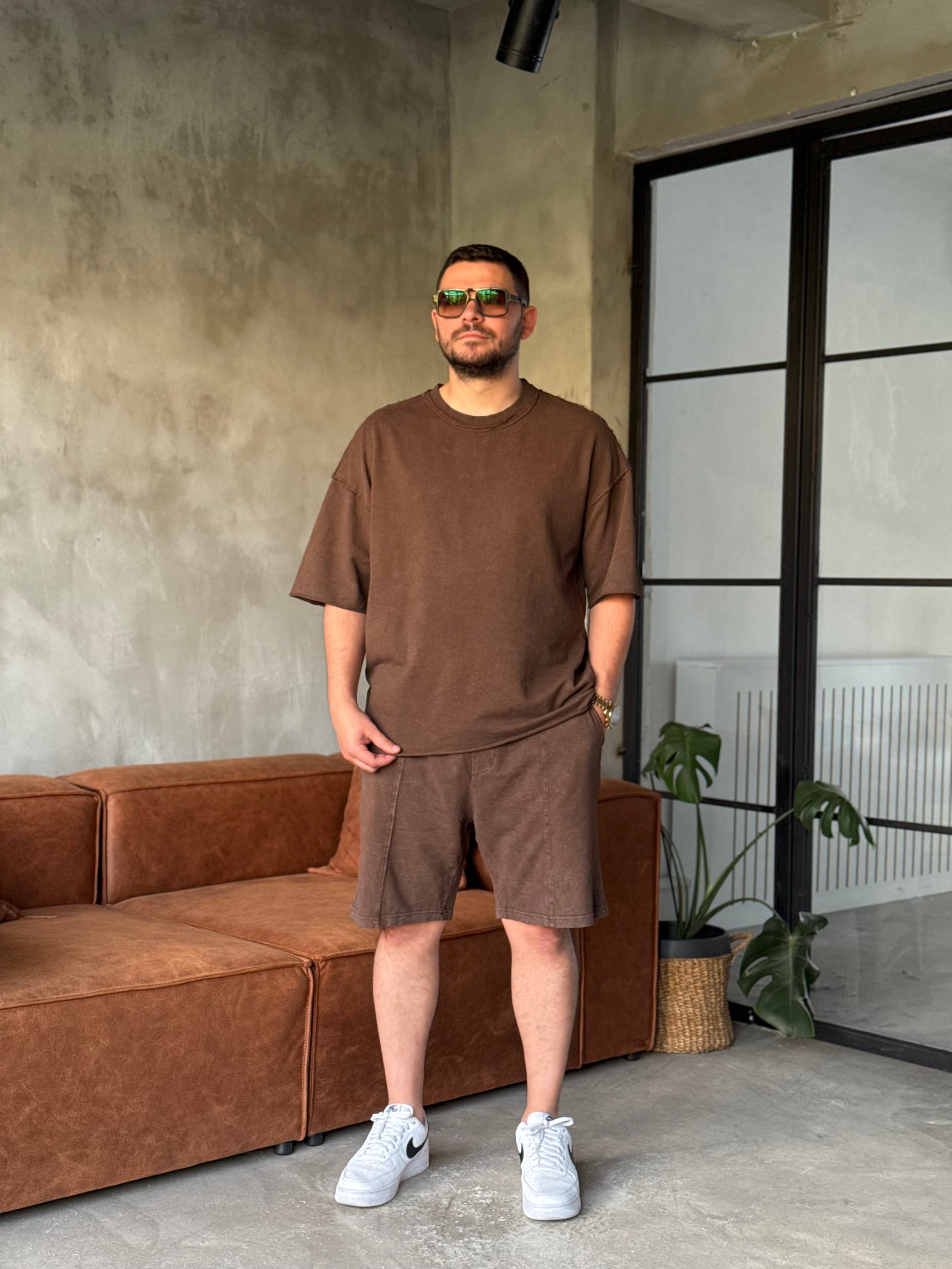 Kahverengi Oversize Şortlu Takım