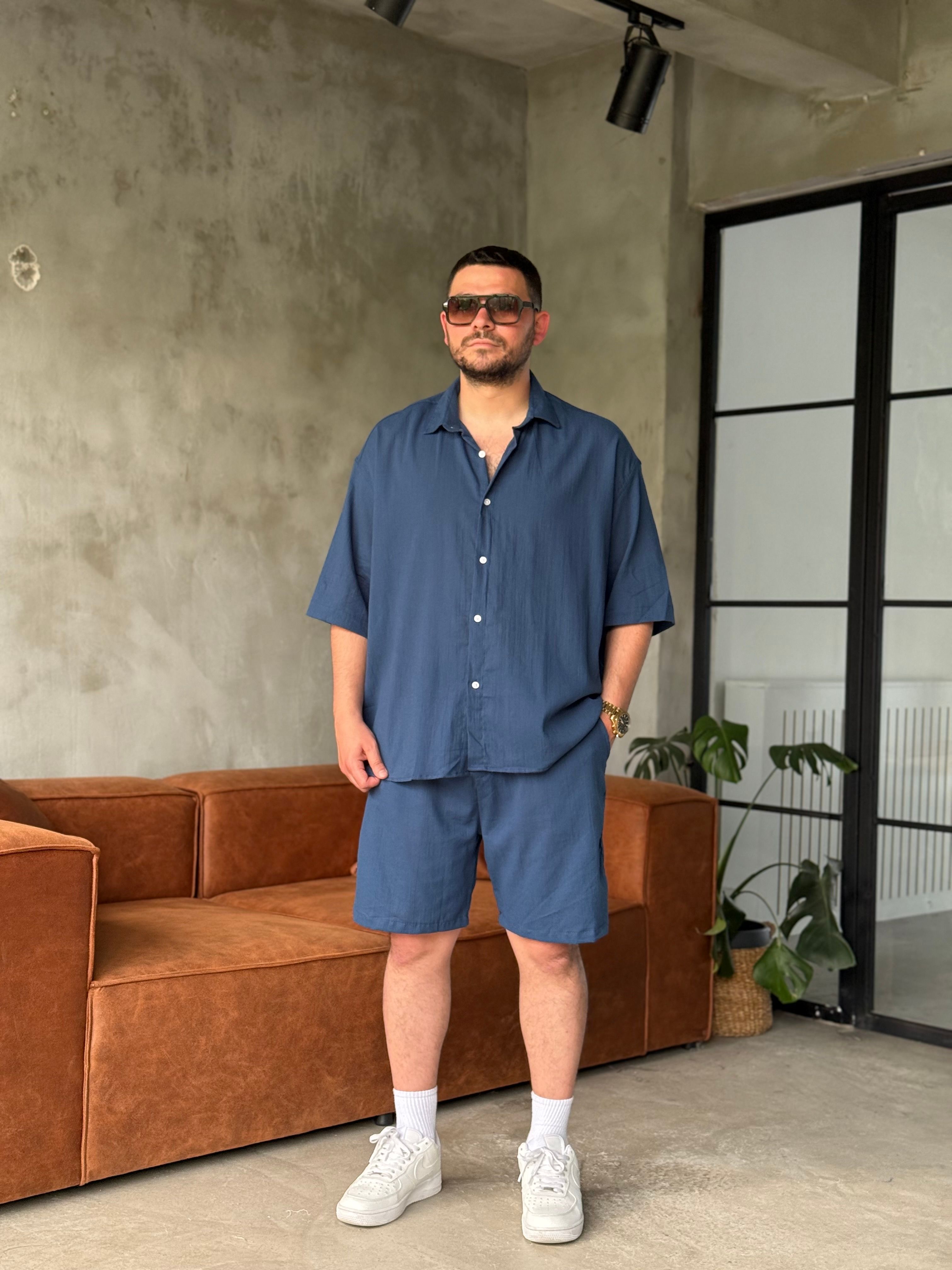 Lacivert Oversize Şortlu Keten Takım
