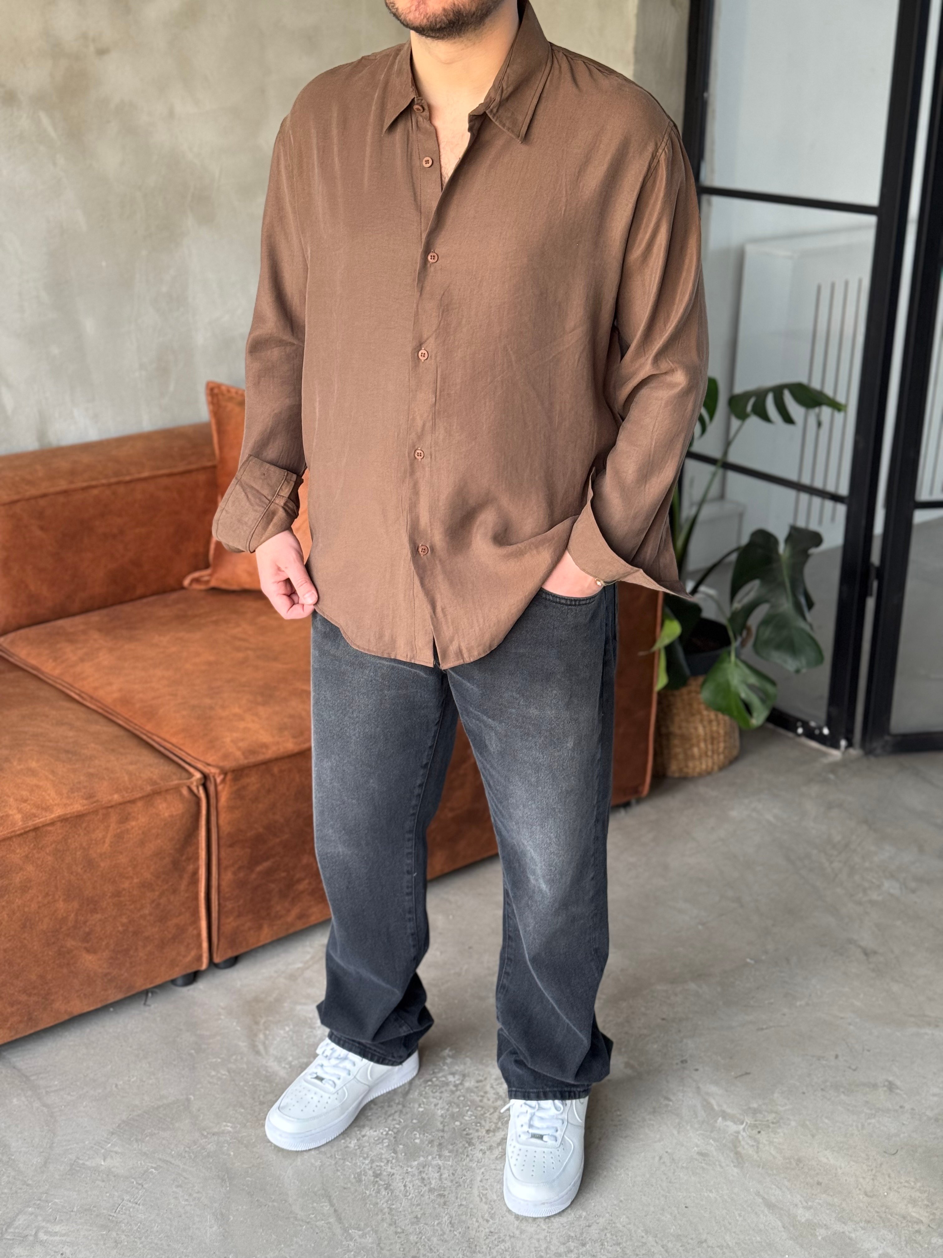 Kahverengi Tensel Kumaş Oversize Gömlek