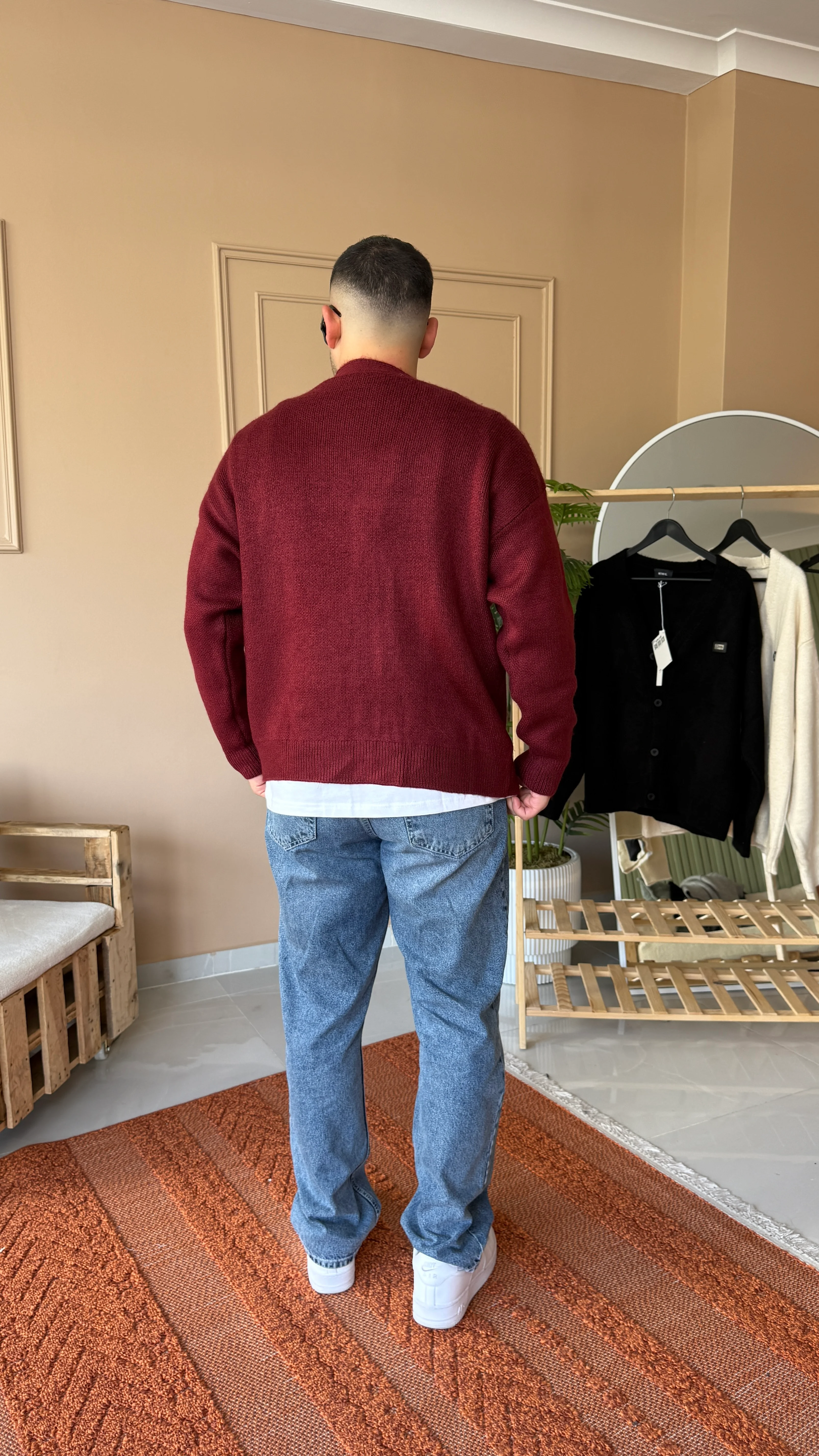 Bordo Oversize Pamuklu Düğmeli Hırka