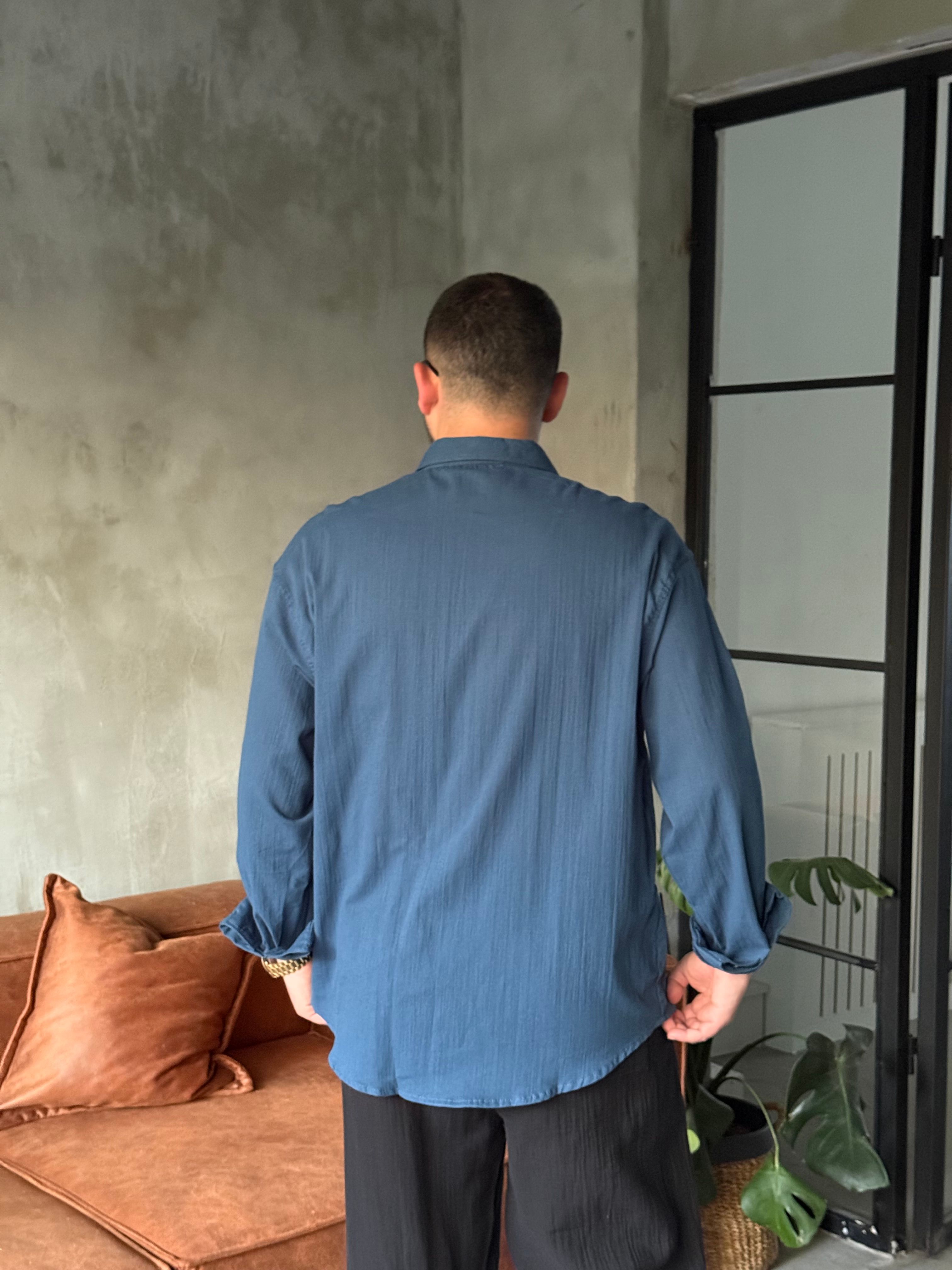 Gece Mavisi Oversize Keten Gömlek
