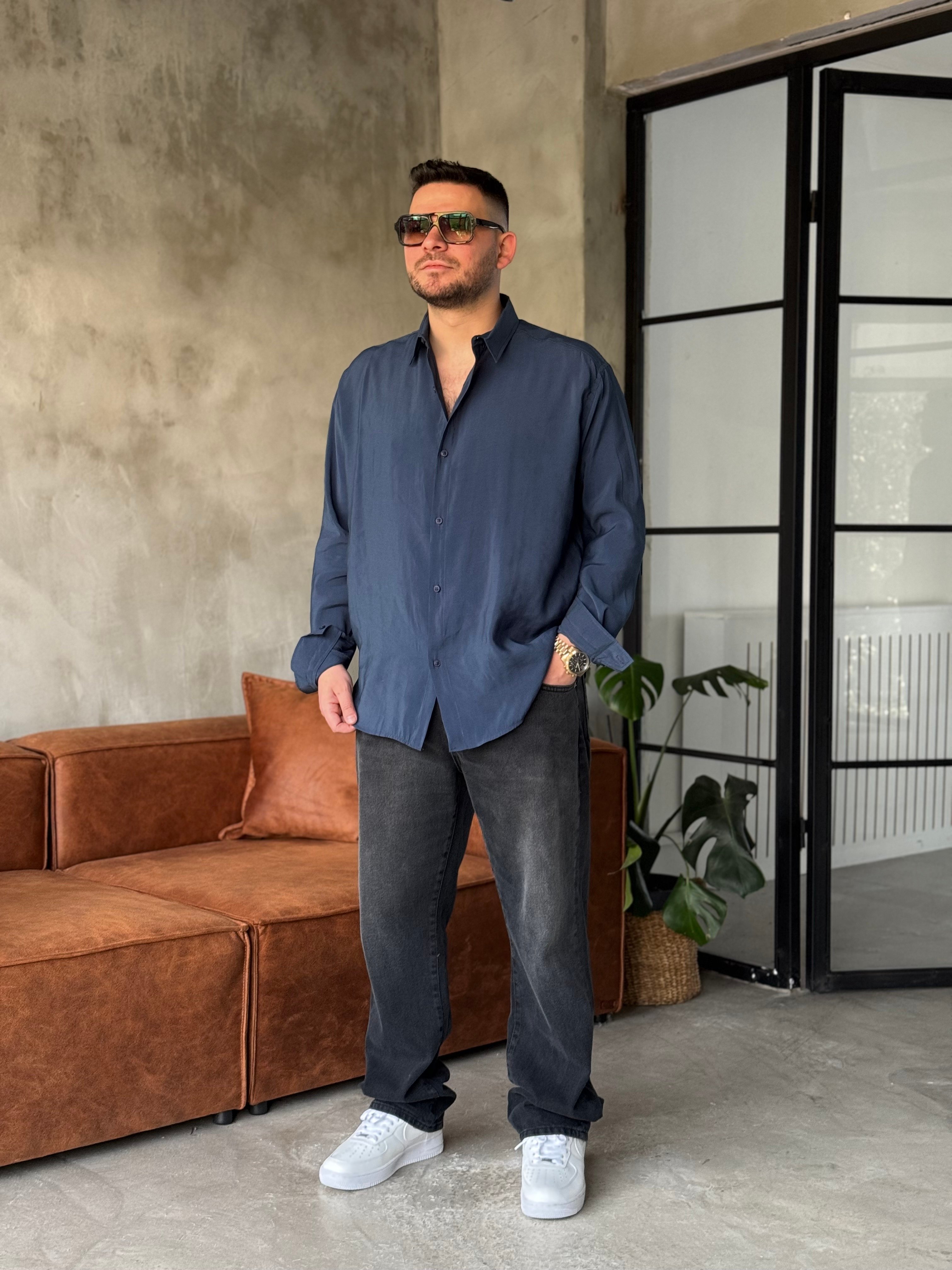 Lacivert Tensel Kumaş Oversize Gömlek