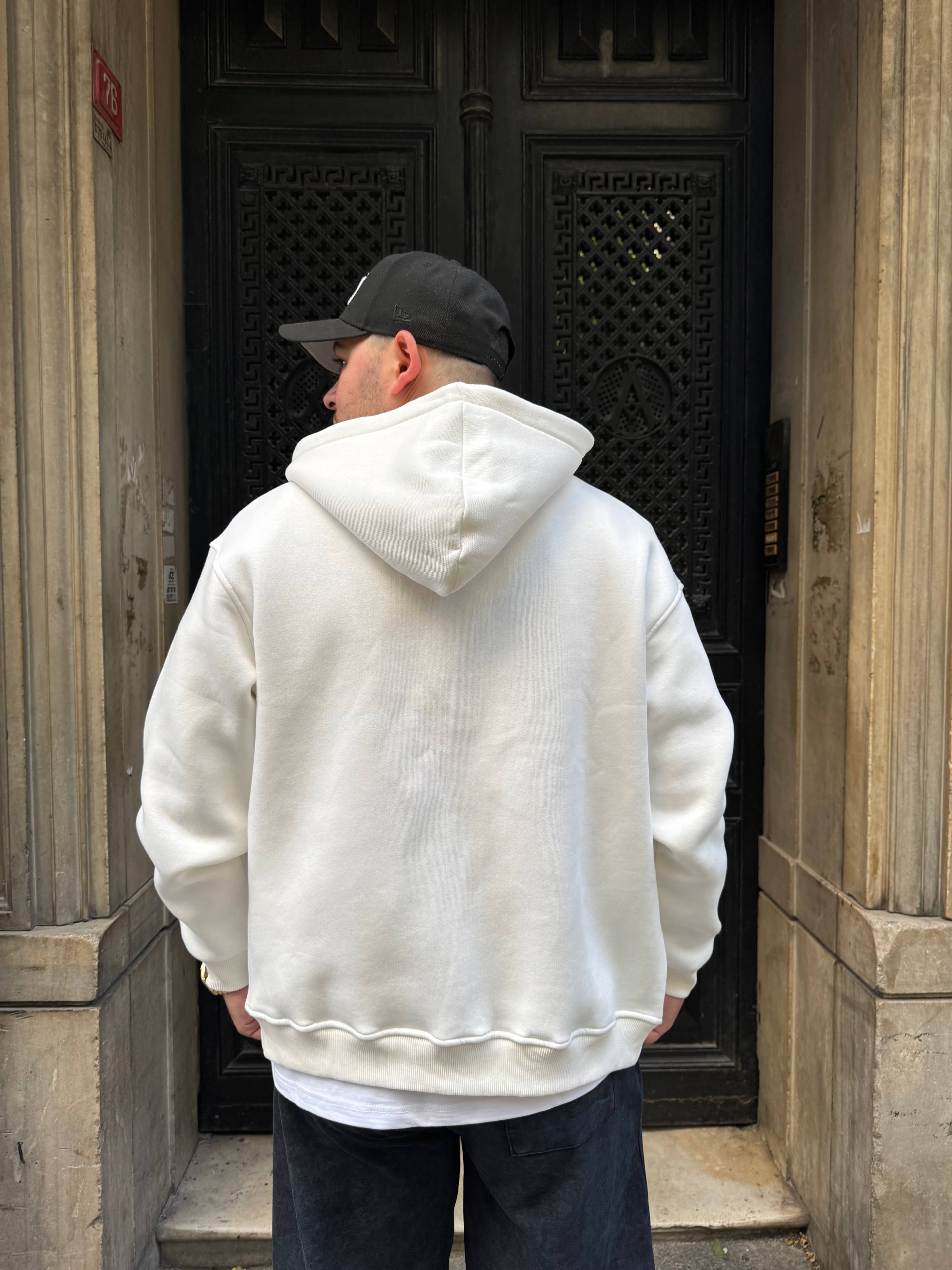 Beyaz Oversize Şardonlu Kapüşonlu Polar