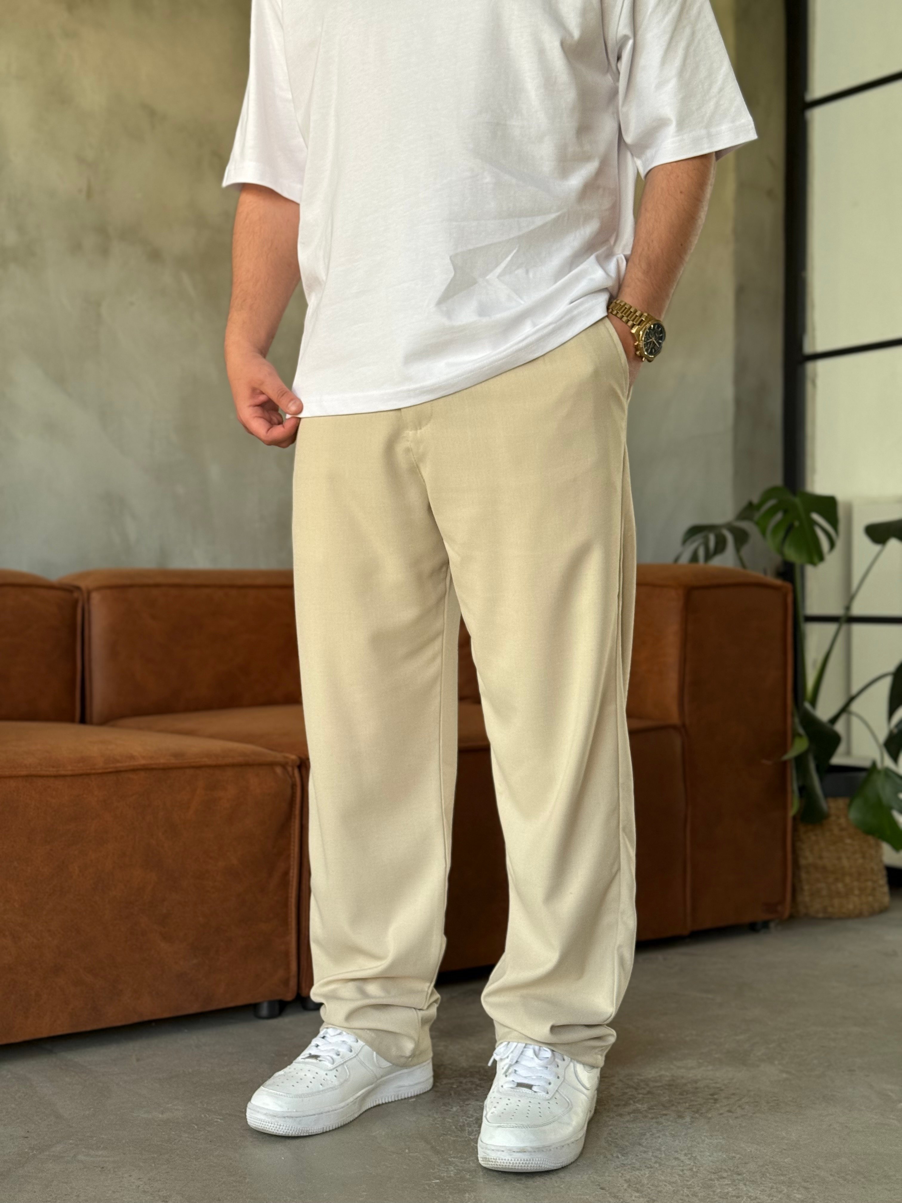 Krem Baggy Kalıp Kumaş Pantolon