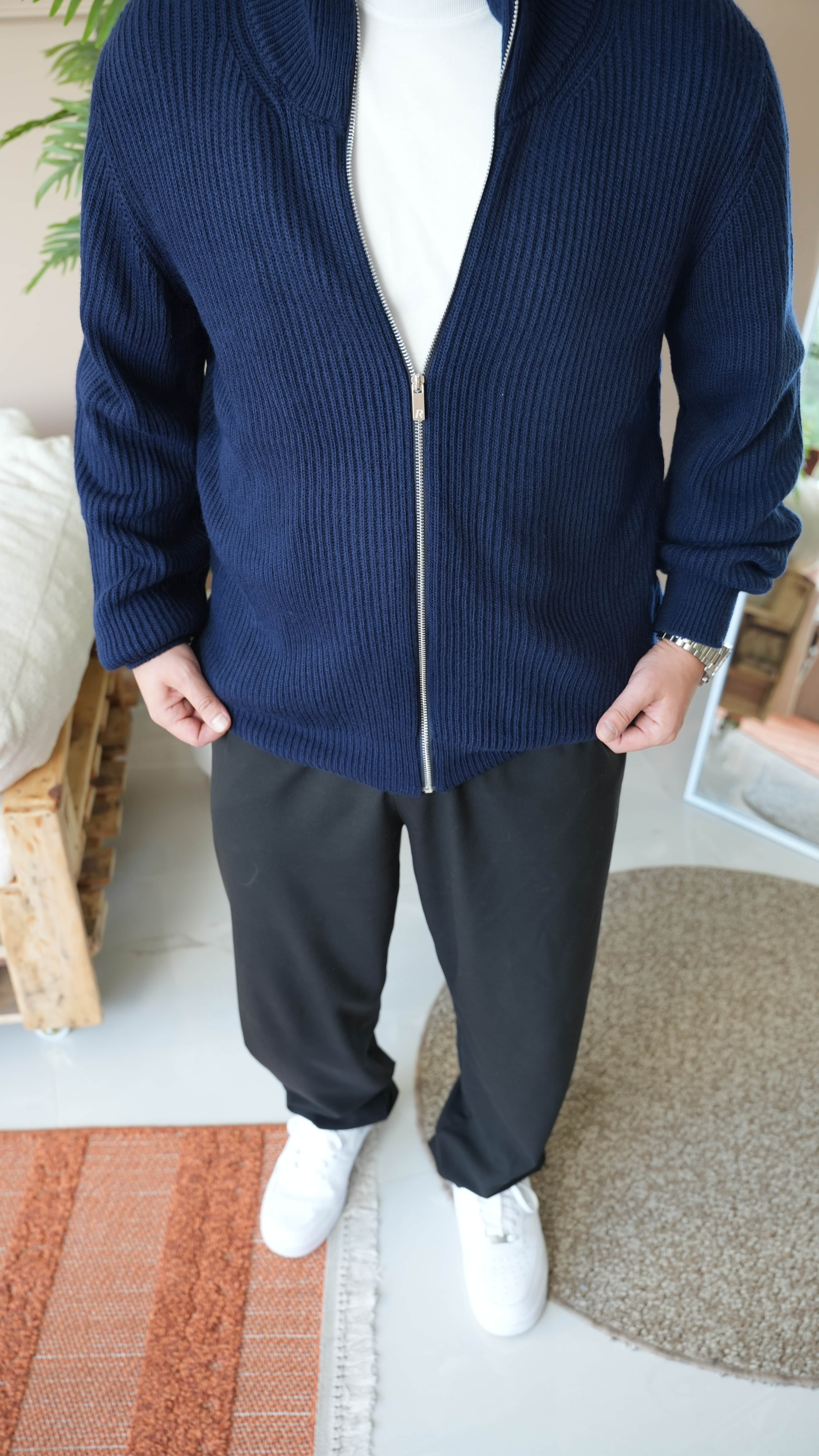 Lacivert Oversize Tam Fermuarlı Triko