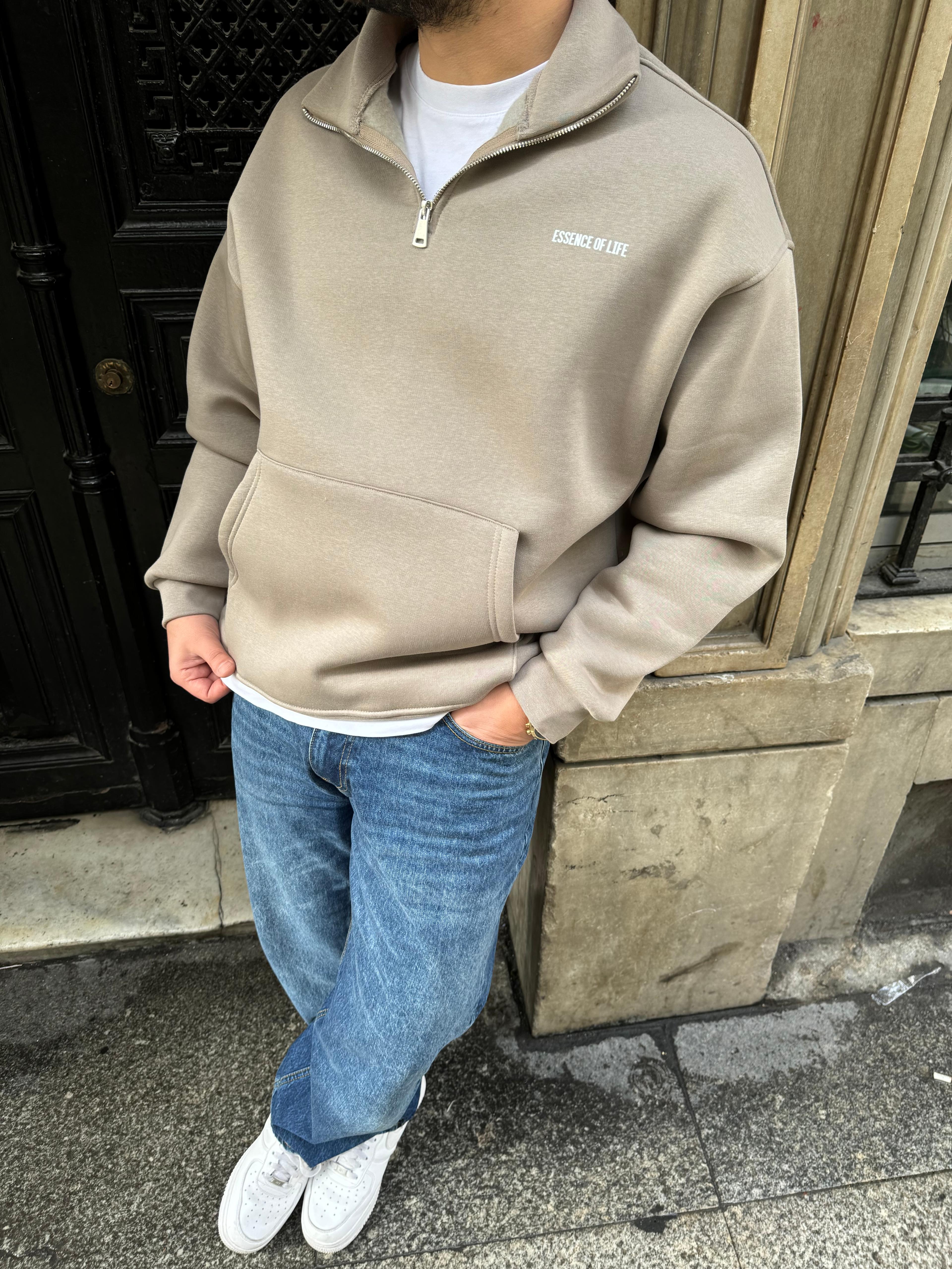 Vizon Oversize Yarım Fermuarlı Sweatshirt