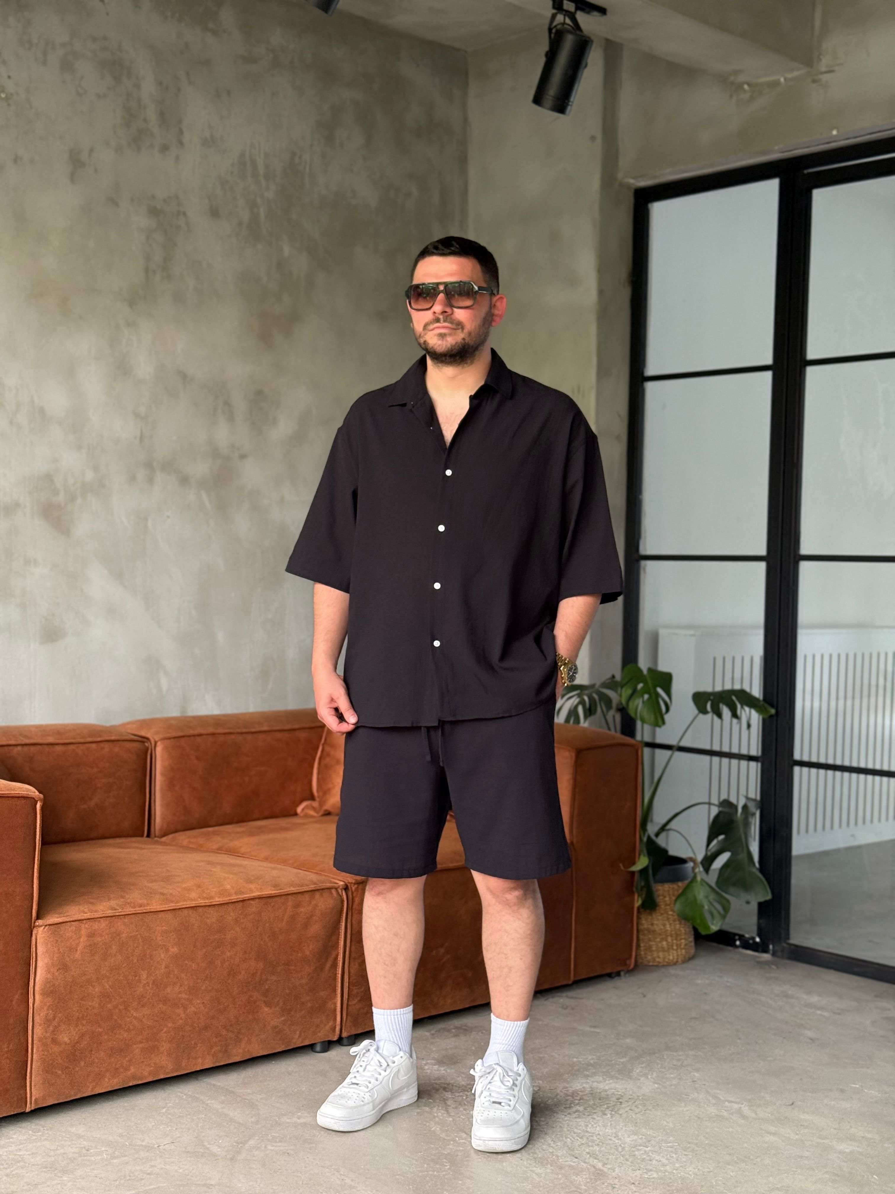 Siyah Oversize Şortlu Keten Takım