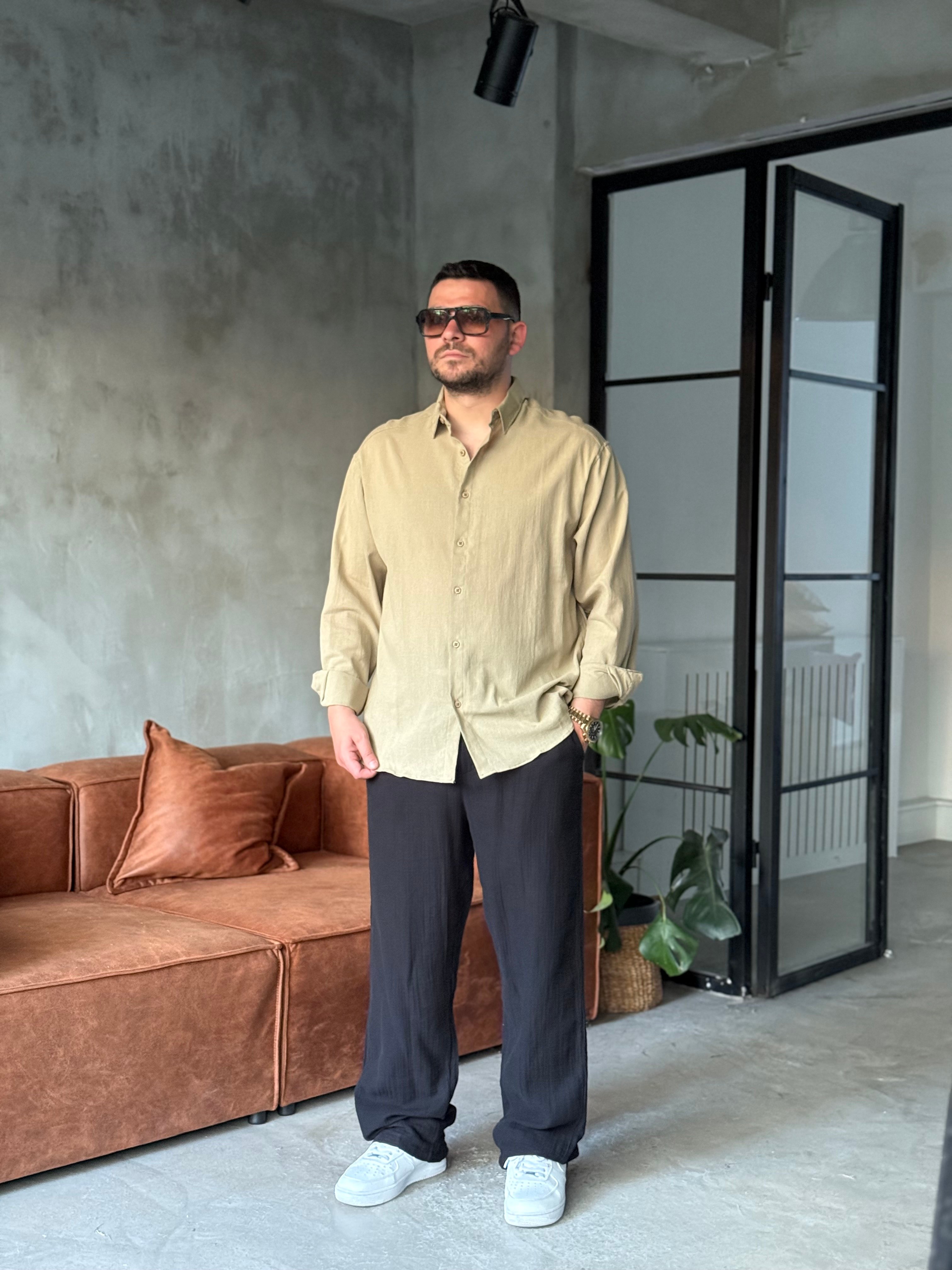 Yeşil Keten Oversize Gömlek