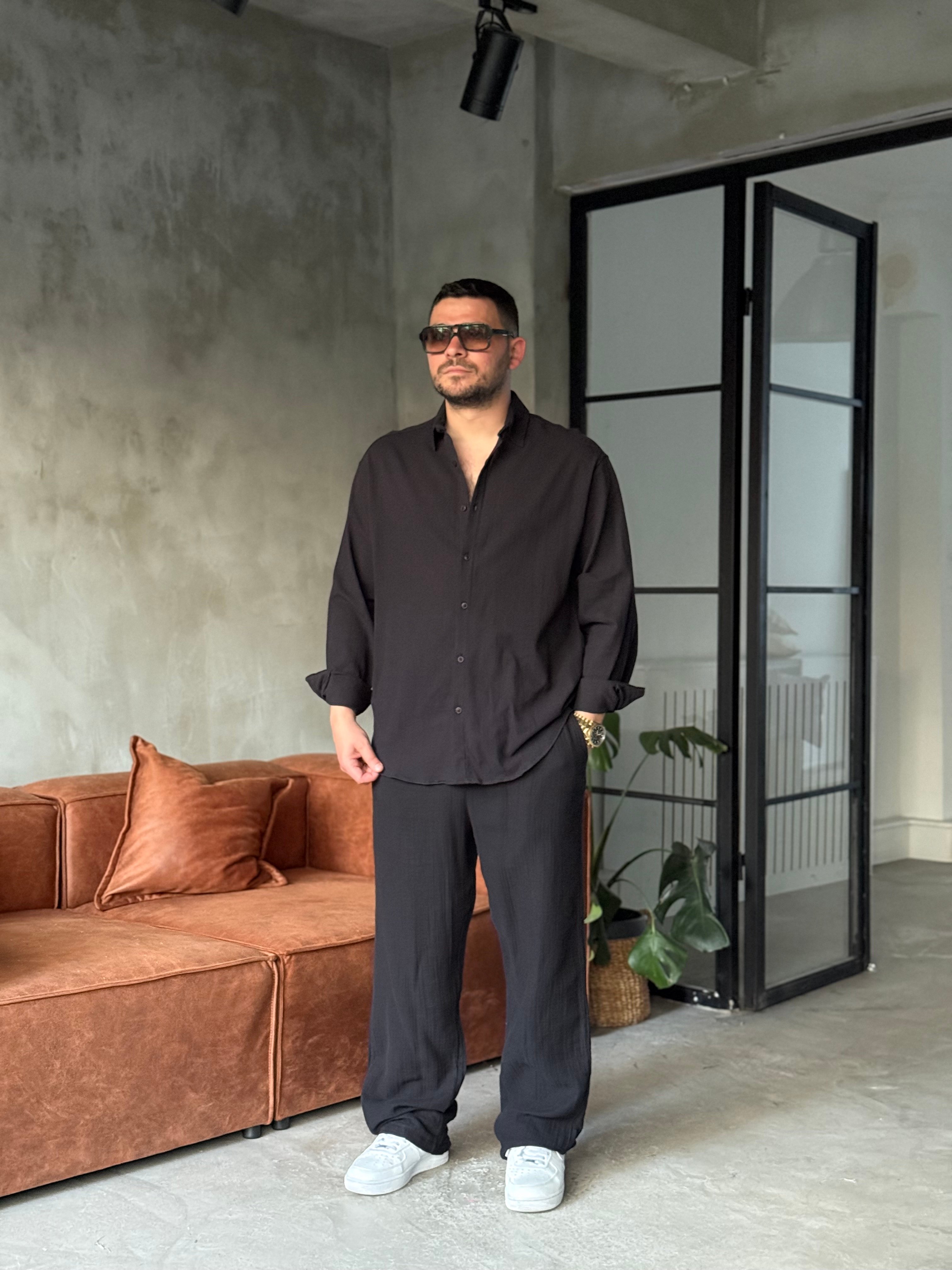 Siyah Oversize Keten Gömlek