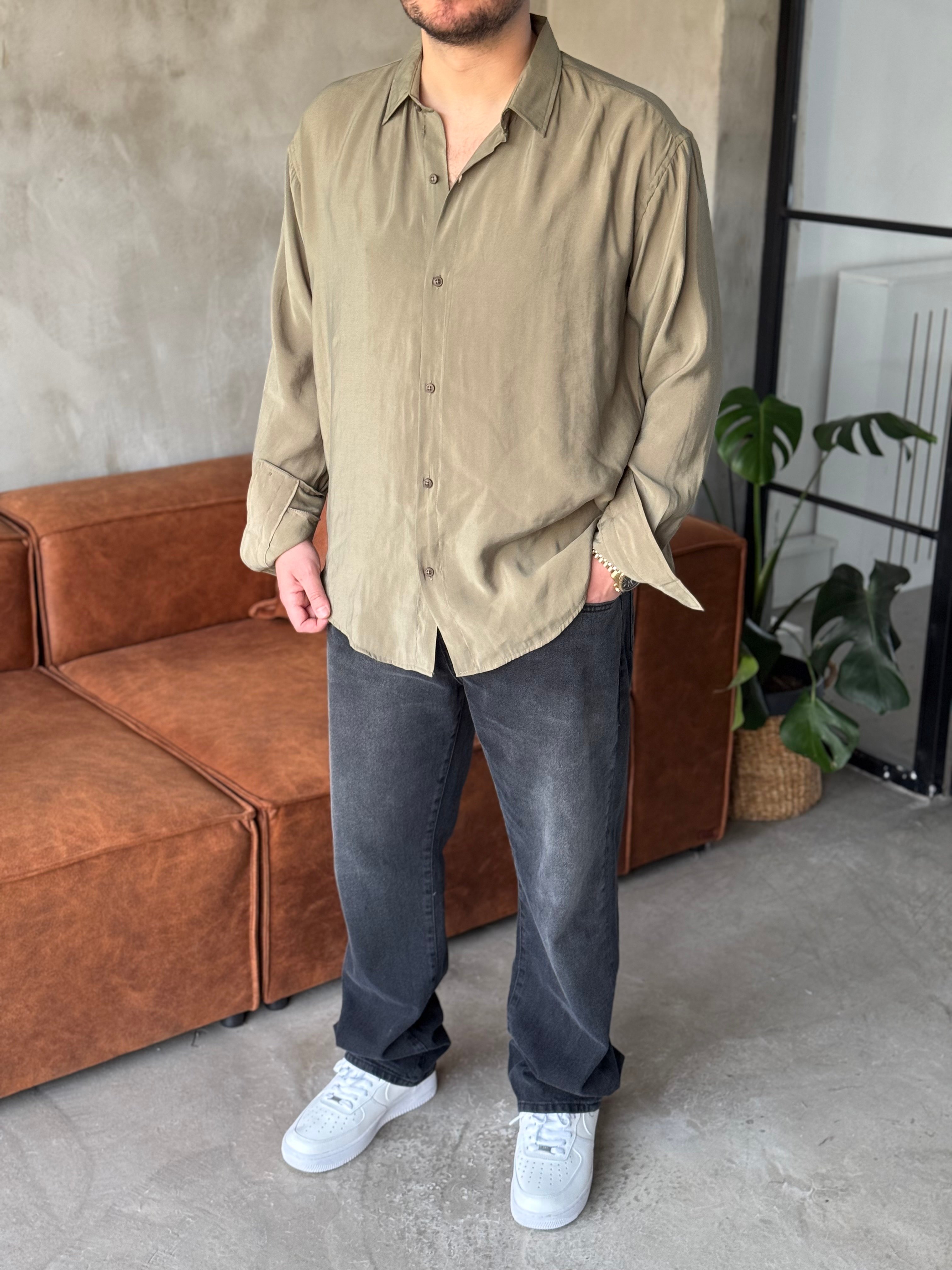 Haki Tensel Kumaş Oversize Gömlek