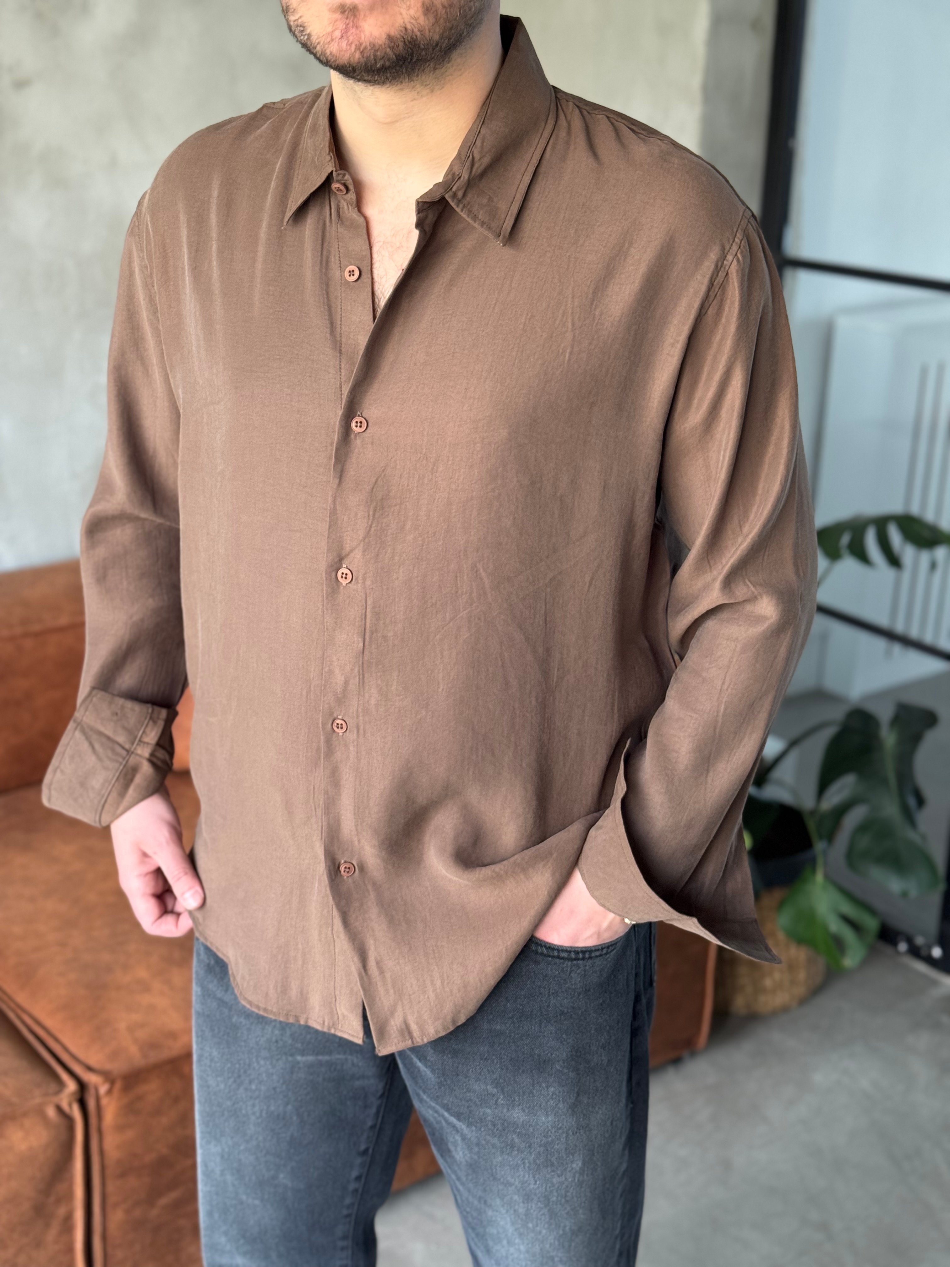 Kahverengi Tensel Kumaş Oversize Gömlek