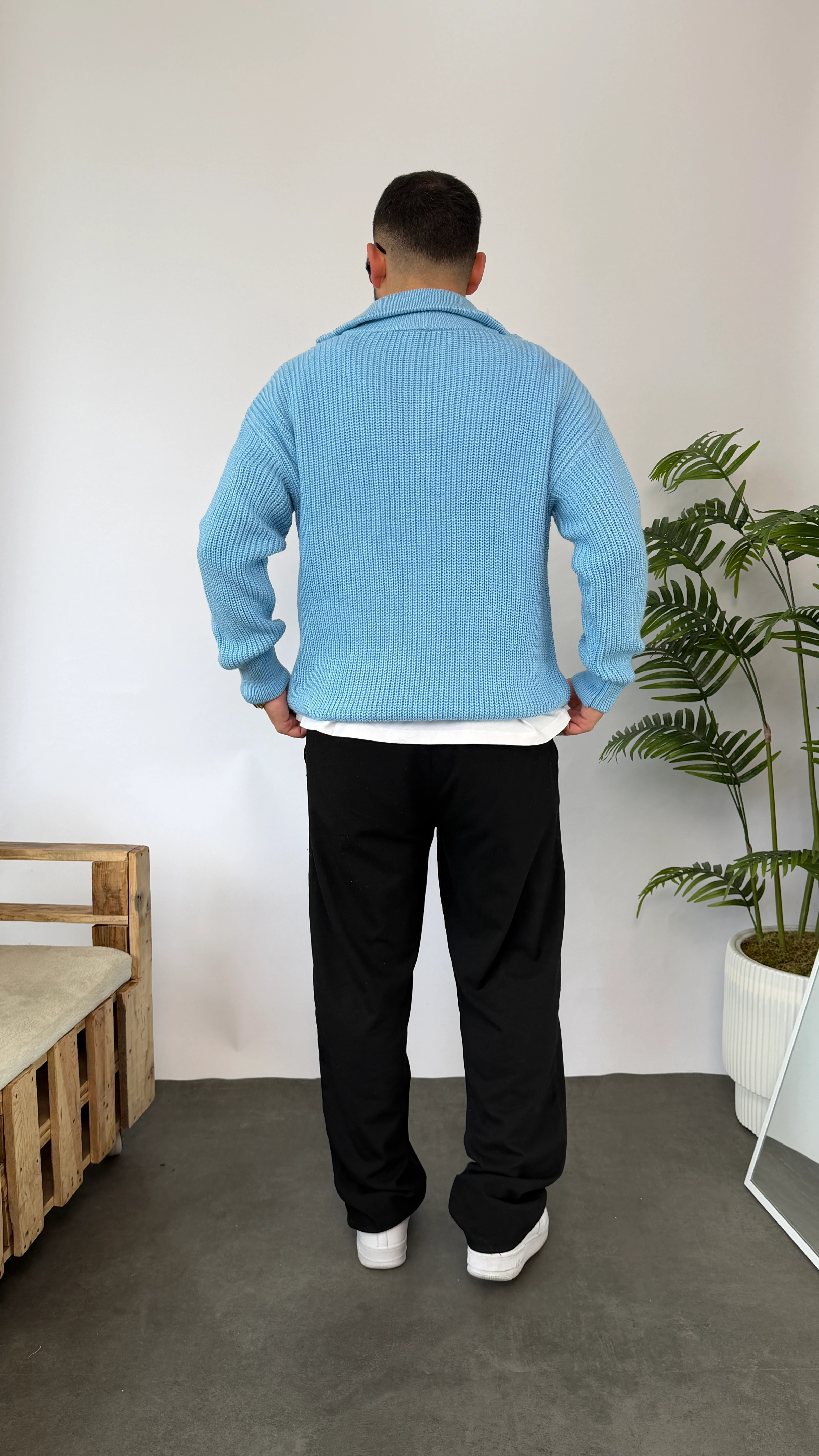 Bebe Mavisi Yarım Fermuarlı Oversize Triko Kazak