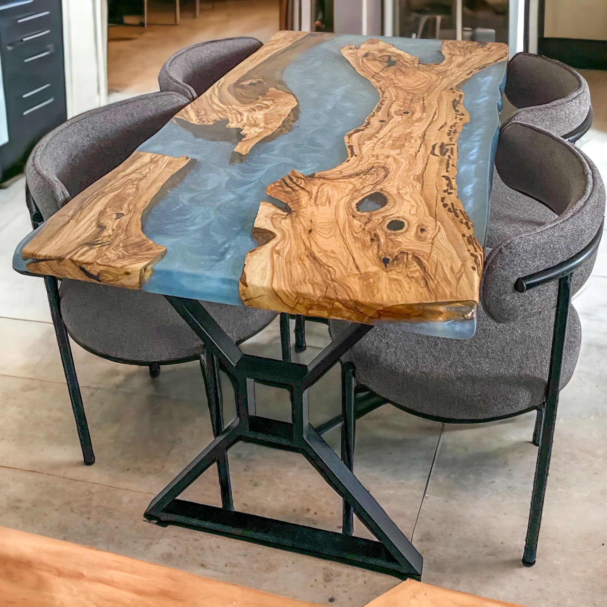 Live Edge Olive Wood & Resin Dining Table, Custom Epoxy Table