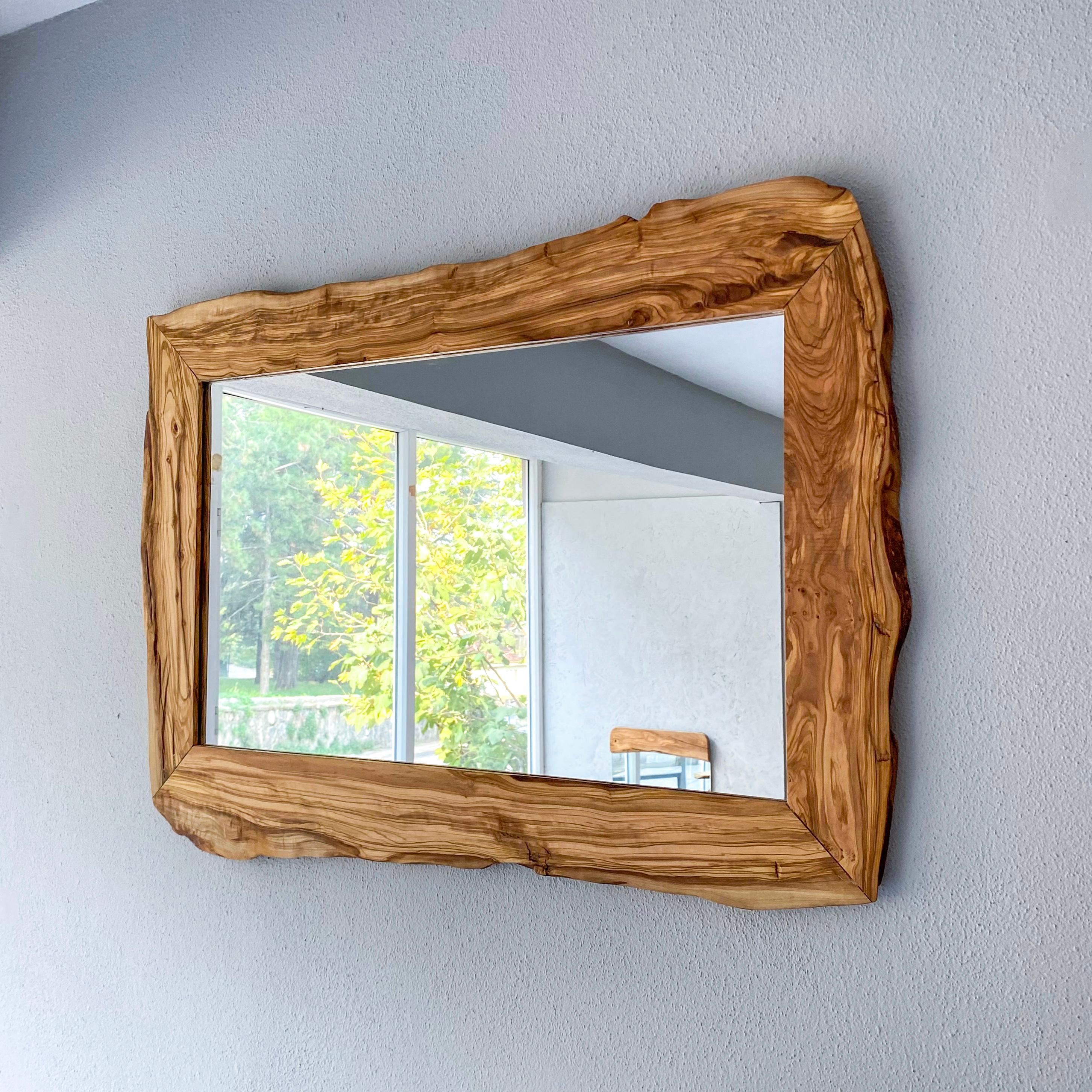 Made to order, Live edge Rectangular Olive Wood Wall Mirror, Wooden Framed Mirror