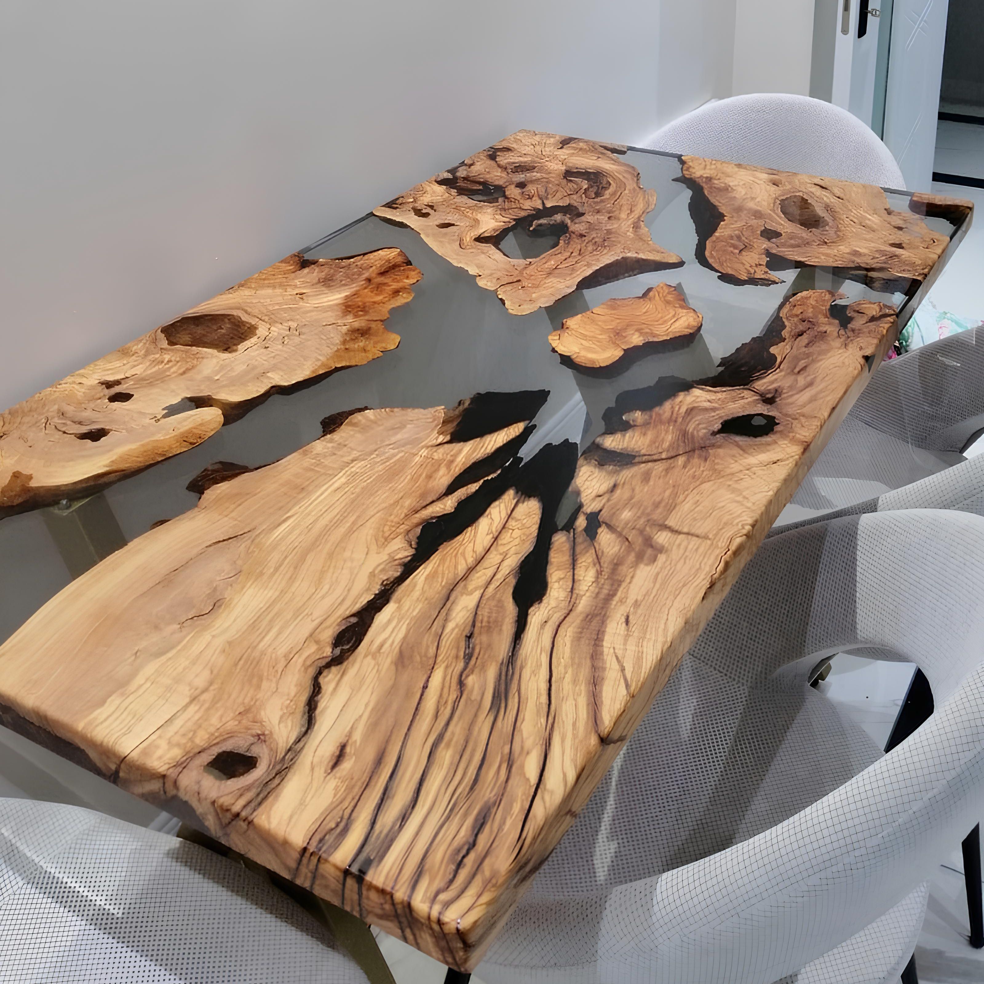 Custom Order Clear Epoxy Olive Wood Dining Table | Live Edge Resin Table