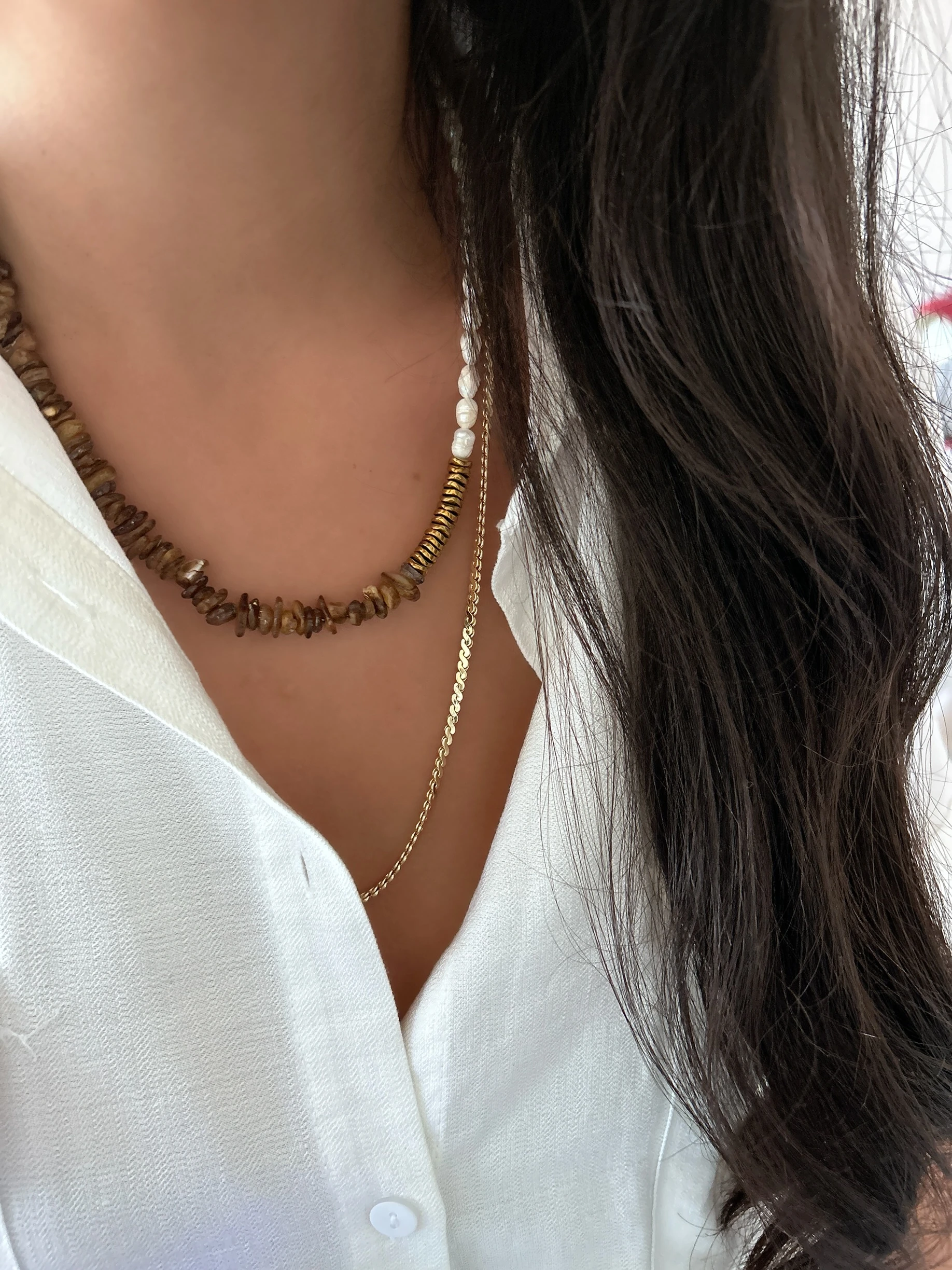 Golden Earth: Kahve Sedef & Barok İnci Taşlı Lüks Kolye