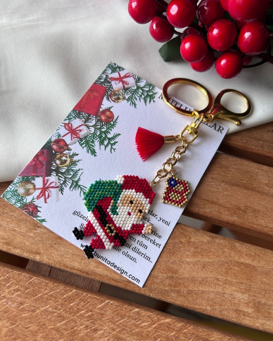 Noel Baba Motifli Miyuki Tasarım Anahtarlık & Çanta Charm