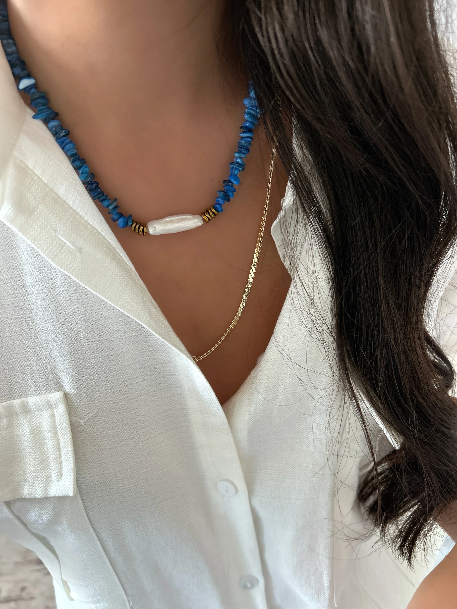 "Derin Mavi" El Yapımı Lacivert Sedef Taşı ve İncili Kolye