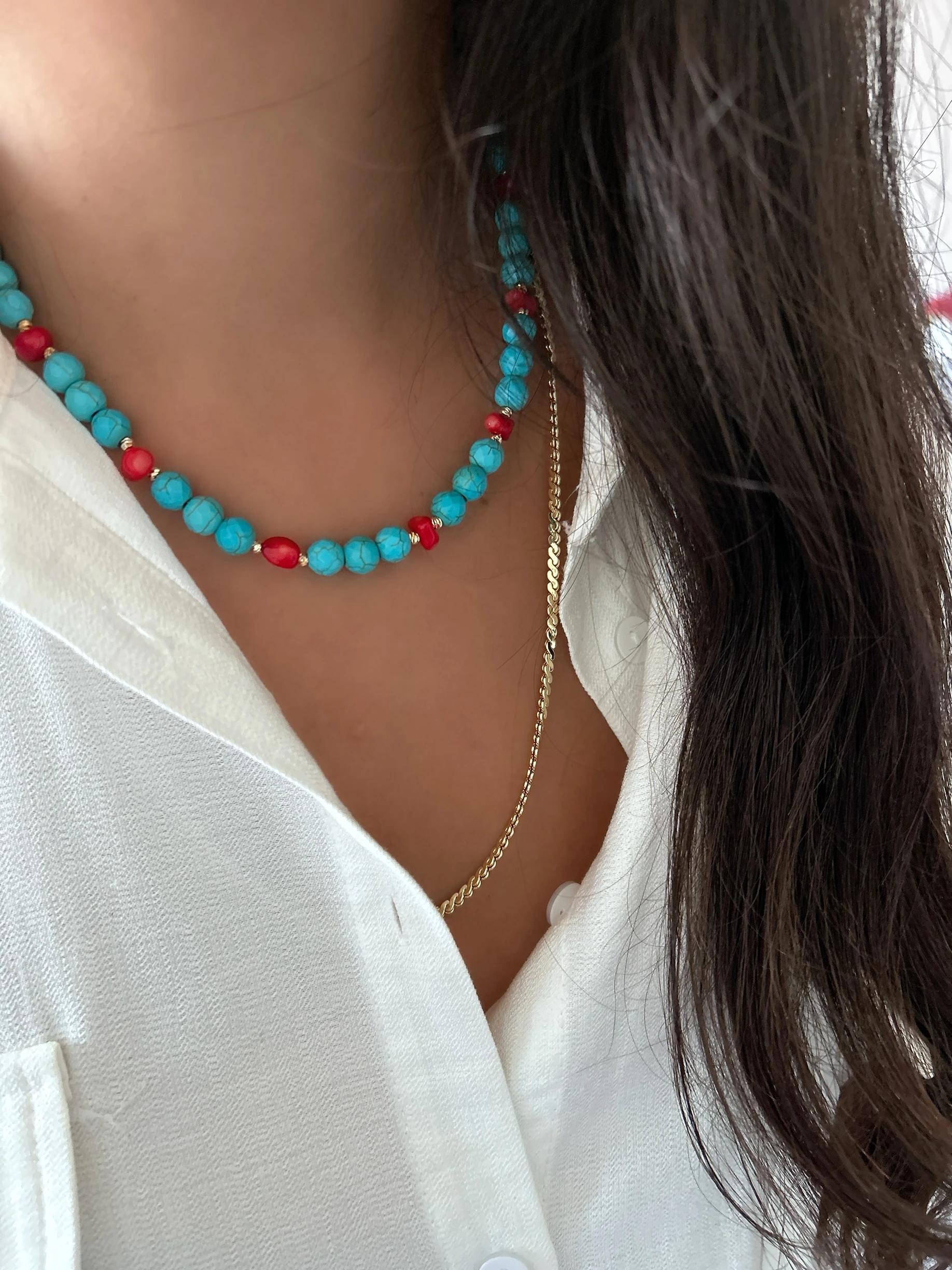 “Okyanus Tutkusu” Mercan & Fasetli Turkuaz Doğal Taş Kolye