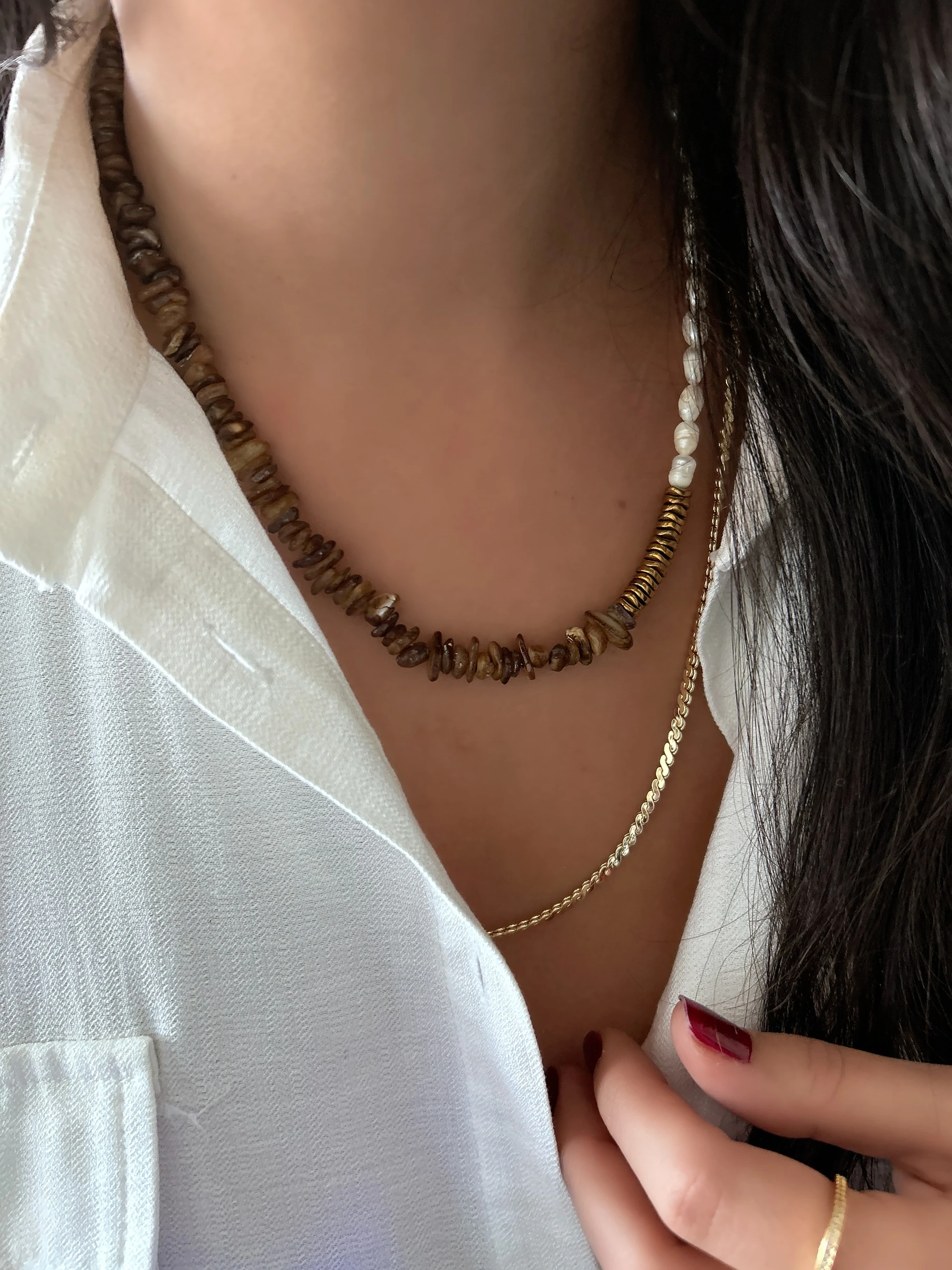 Golden Earth: Kahve Sedef & Barok İnci Taşlı Lüks Kolye