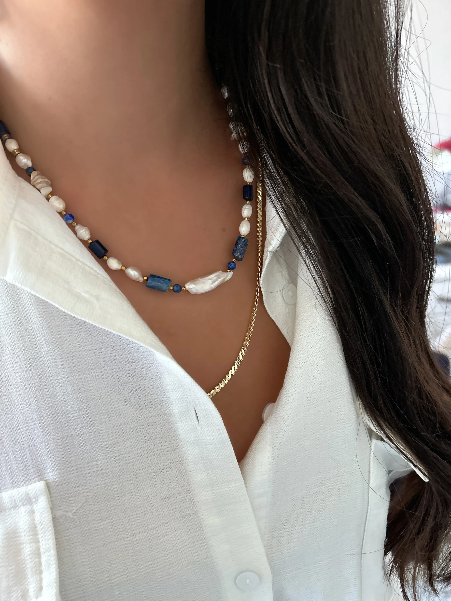 Elysian Luxe – Lapis Lazuli ve Doğal İnci Taşlı Özel Tasarım Kolye