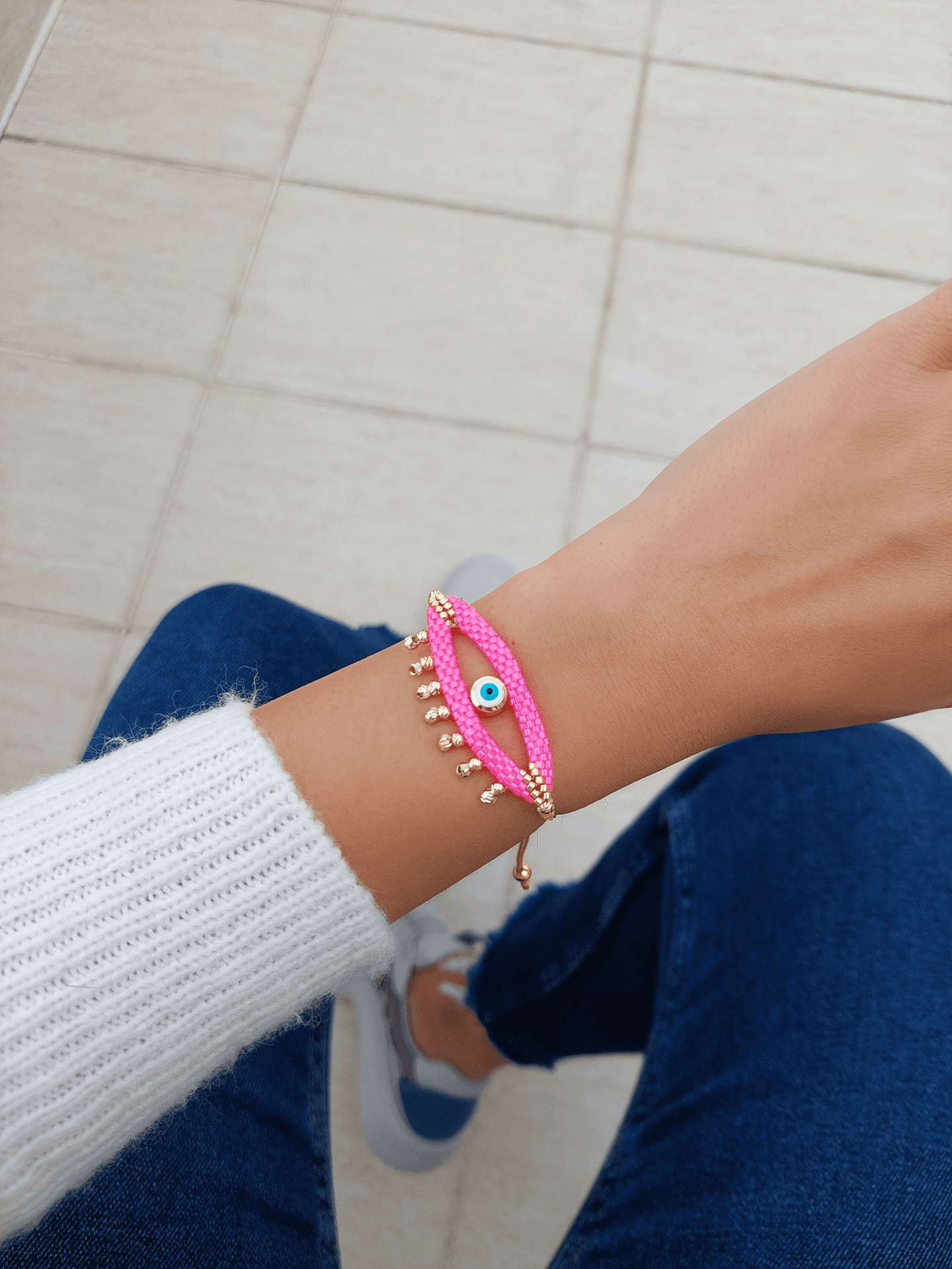 Tasarım Nazar Boncuğu Detaylı Göz Miyuki Bileklik - PEMBE