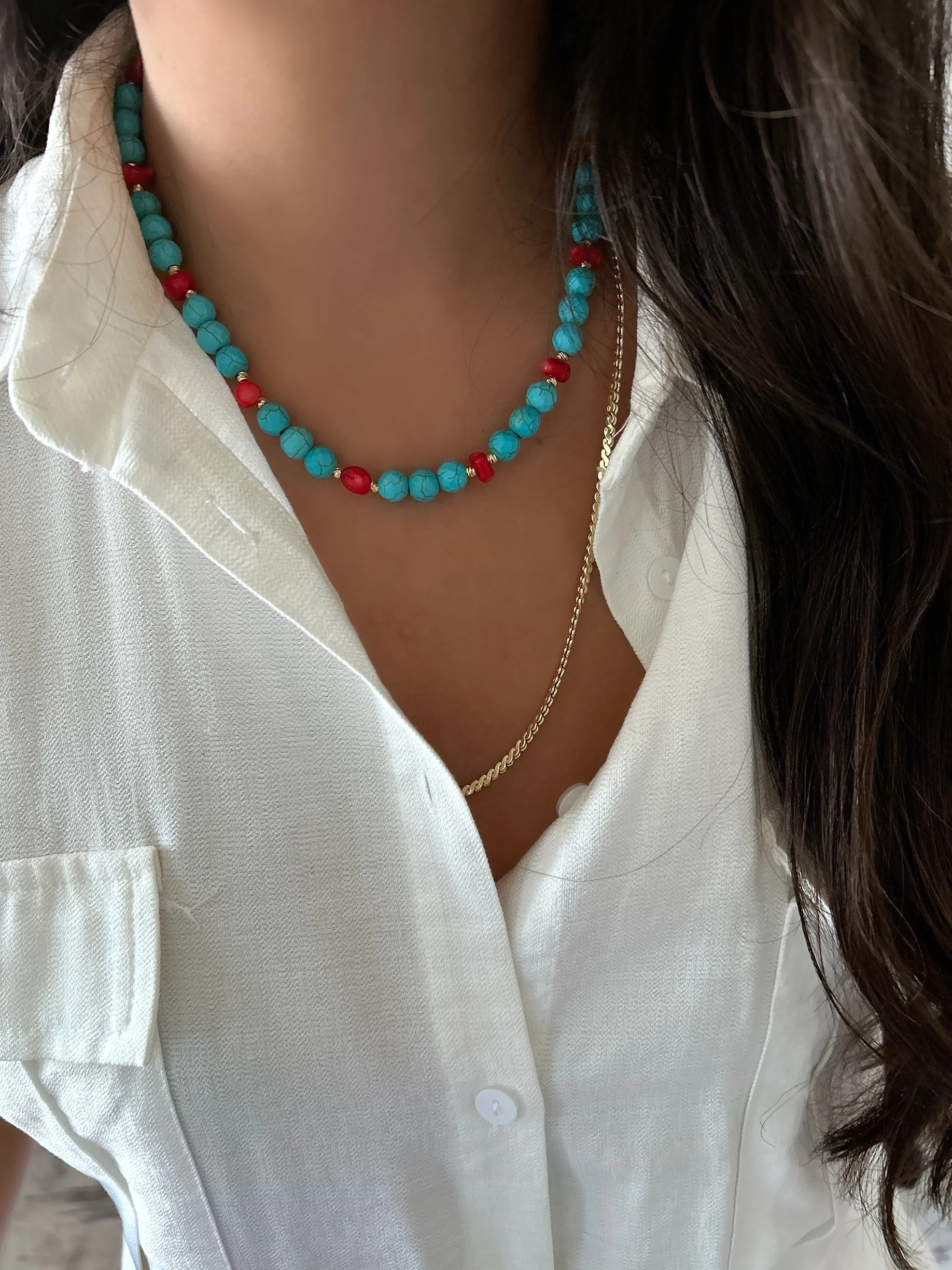 “Okyanus Tutkusu” Mercan & Fasetli Turkuaz Doğal Taş Kolye