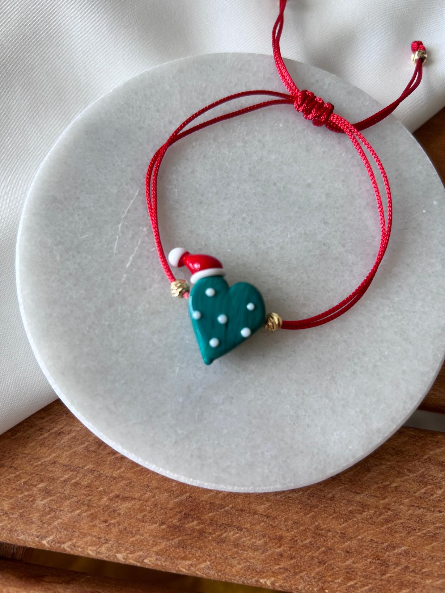 Murano Cam Şapkalı Yeşil Kalp Yeni Yıl Konsept Bileklik