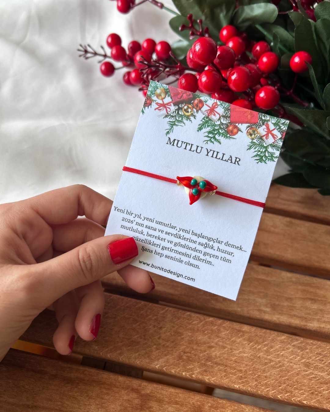 Murano Cam Kırmızı Kokina Yeni Yıl Konsept Bileklik